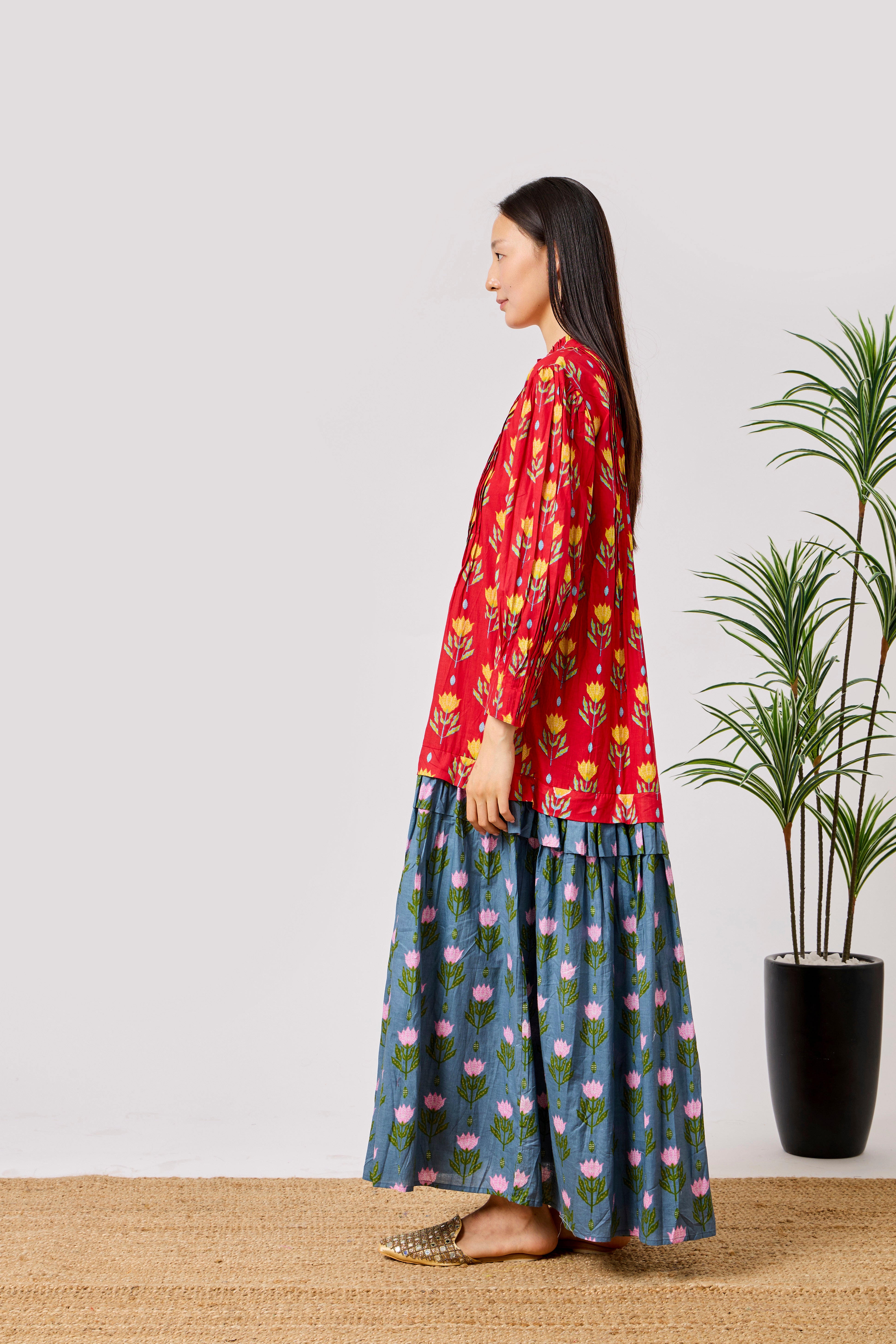 Red Cotton Flared Maxi Dress with Floral Block Print, Pintuck Bodice & Tiered Skirt | Warda