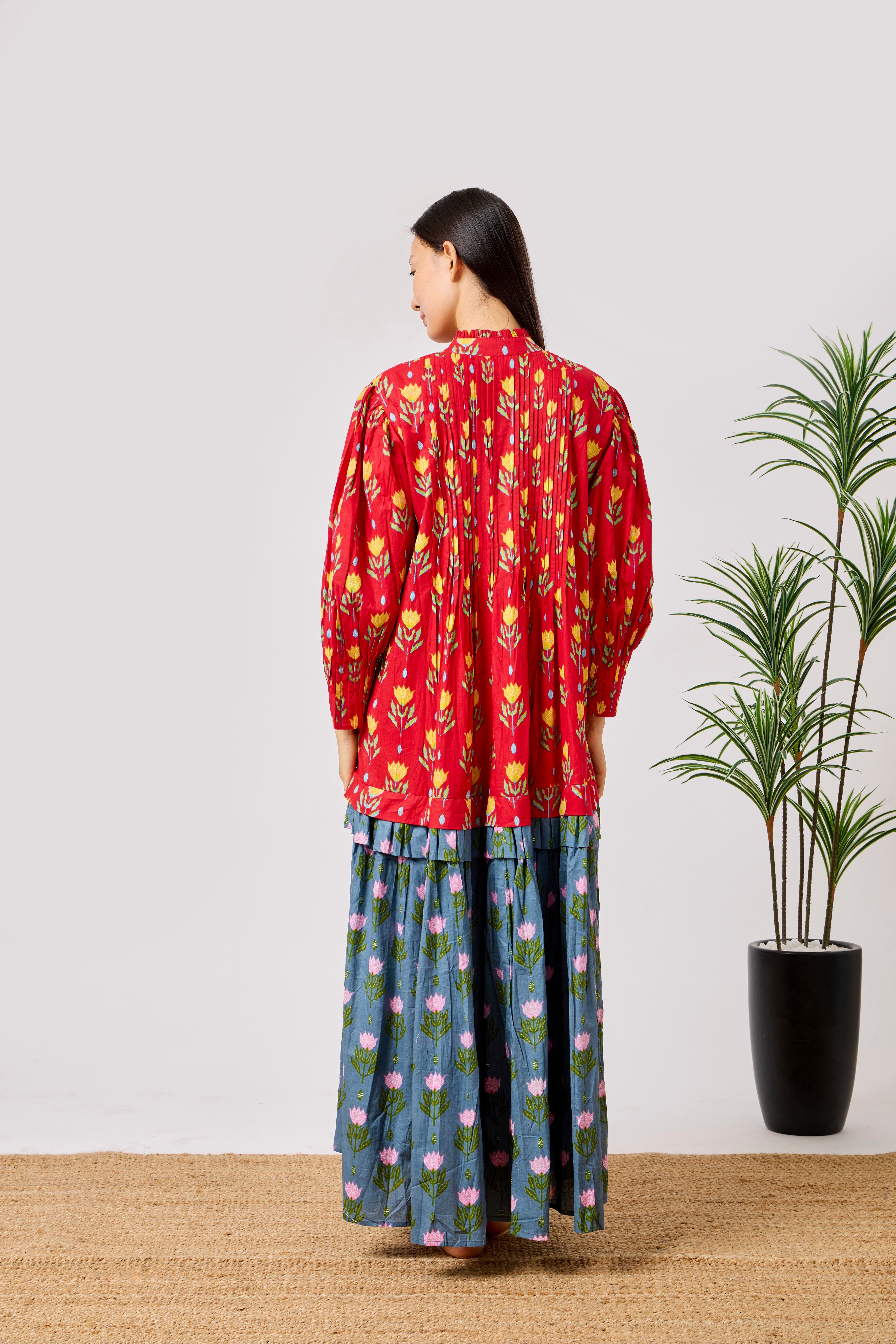 Red Cotton Flared Maxi Dress with Floral Block Print, Pintuck Bodice & Tiered Skirt | Warda