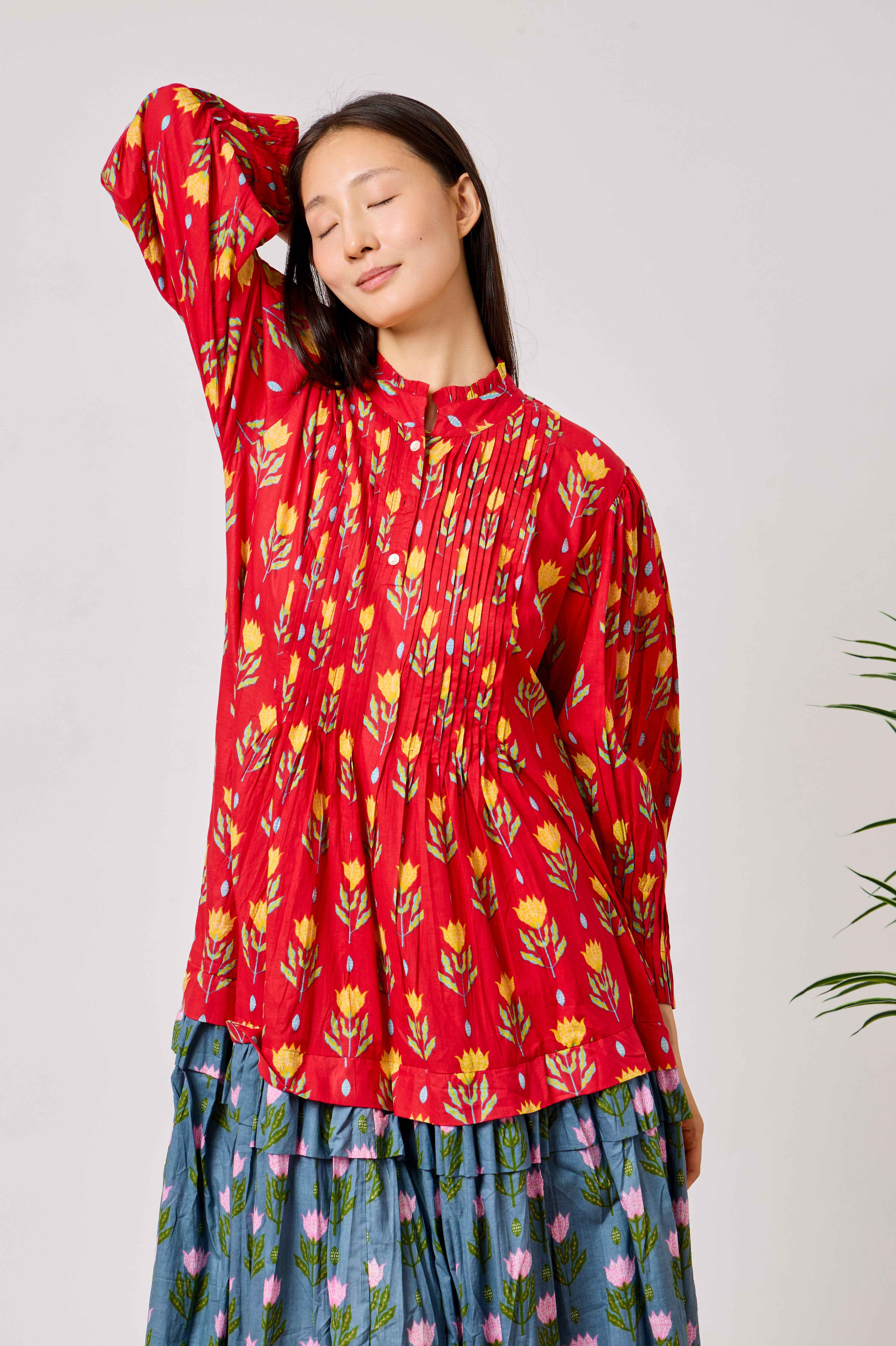 Red Cotton Flared Maxi Dress with Floral Block Print, Pintuck Bodice & Tiered Skirt | Warda