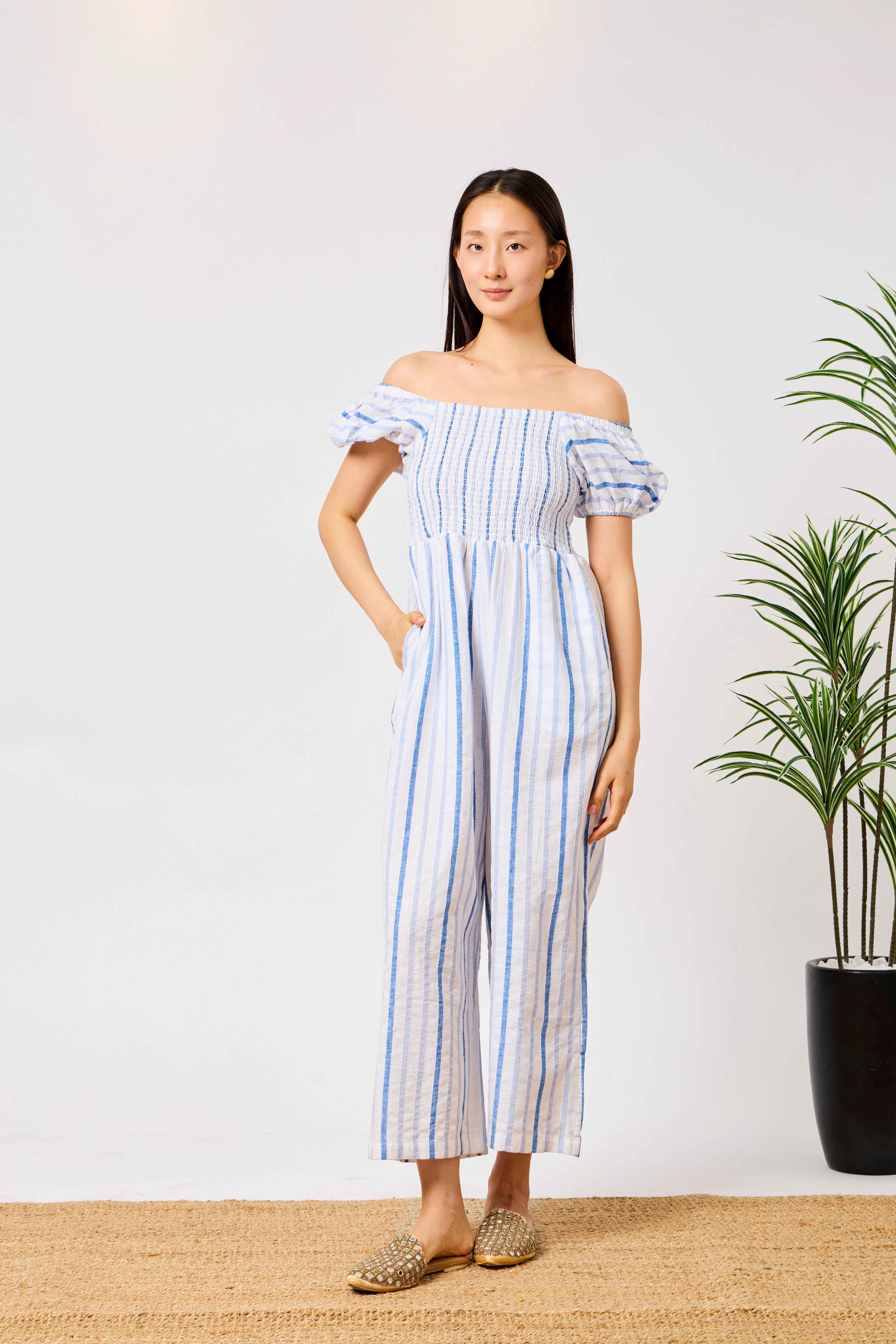 Blue Cotton Linen Blend Striped Smocked Jumpsuit for Women with Puff Sleeves & Wide-Leg Fit | Noory