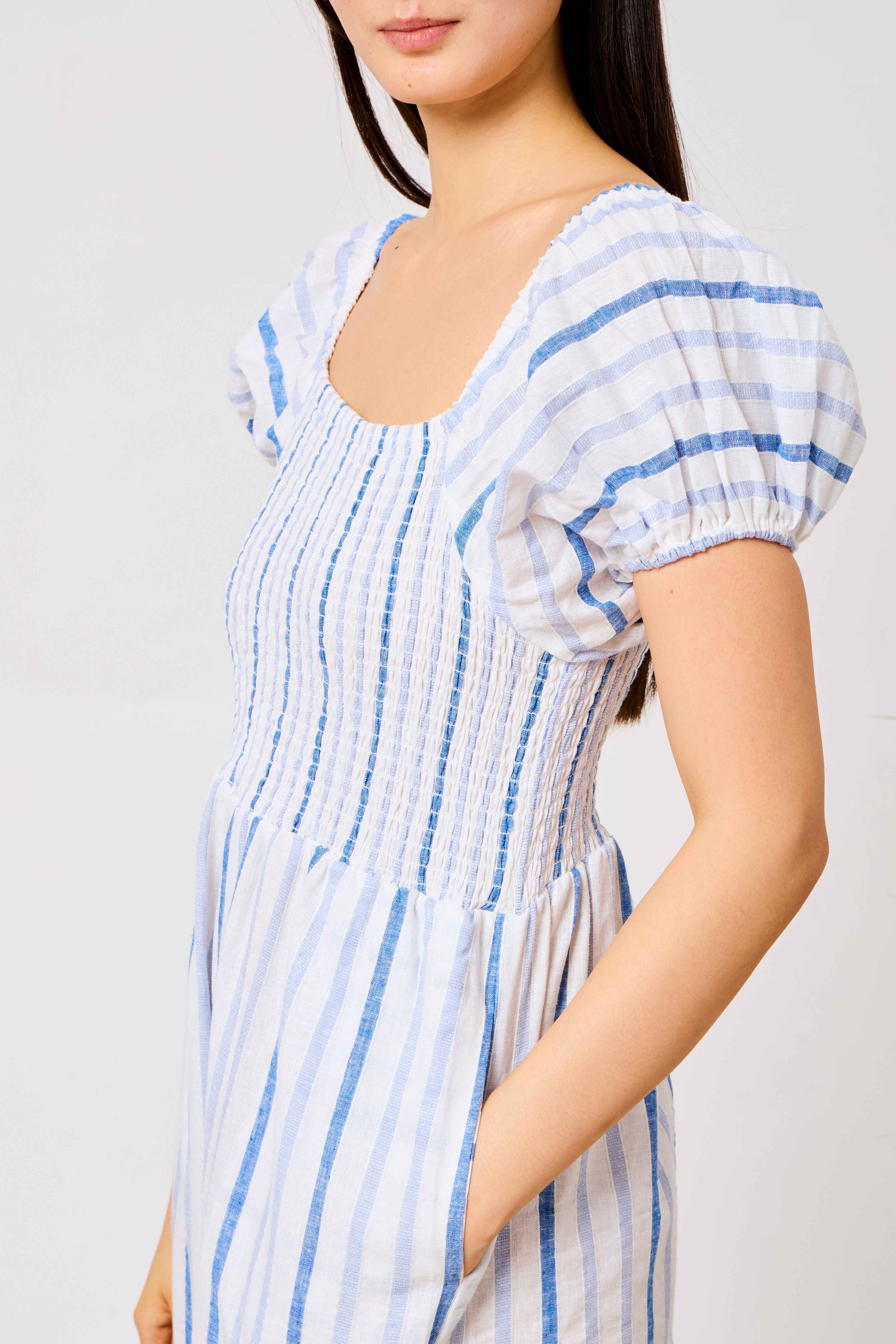 Blue Cotton Linen Blend Striped Smocked Jumpsuit for Women with Puff Sleeves & Wide-Leg Fit | Noory