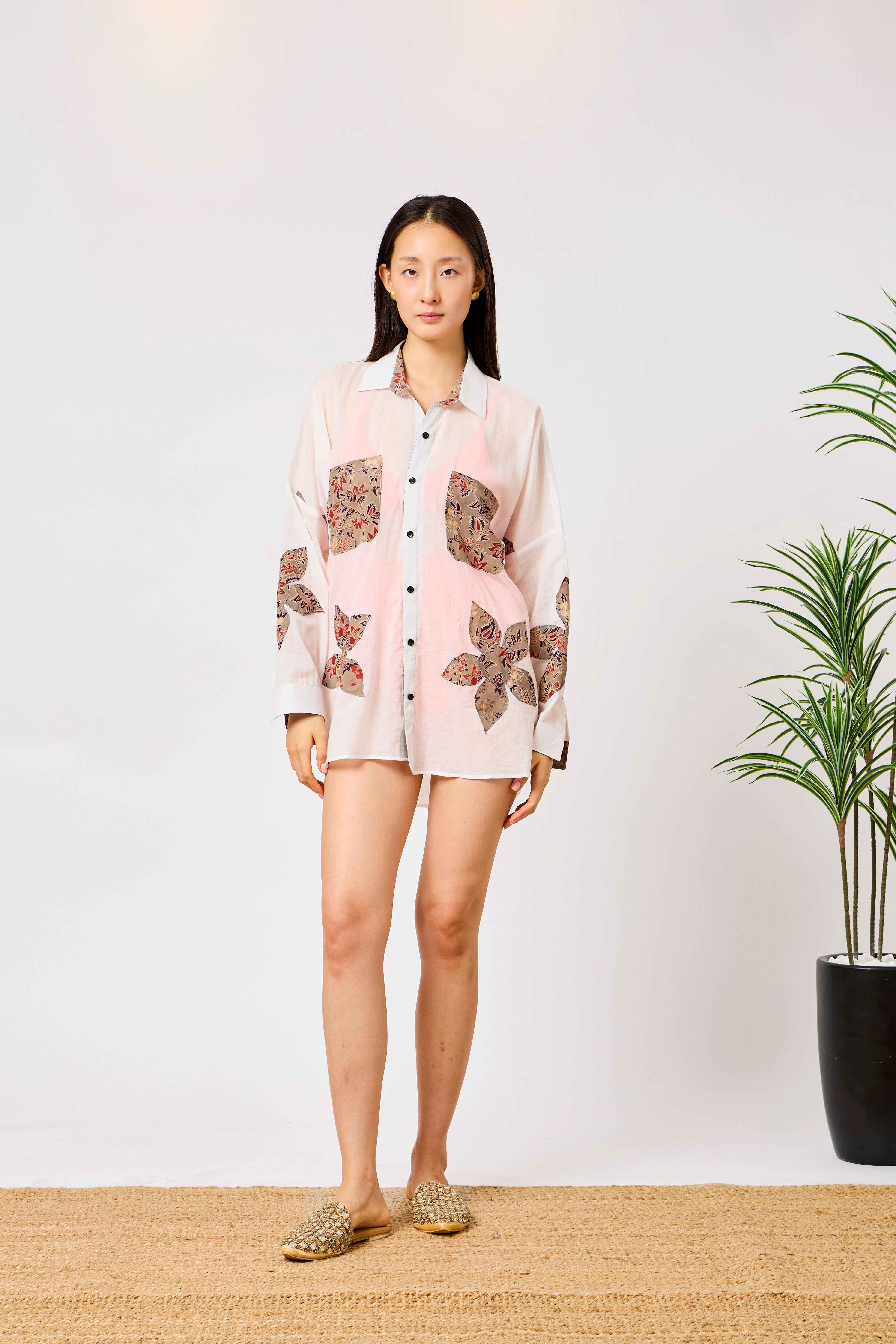 White Cotton Floral Patchwork Oversized Beach Cover-Up Shirt | Calista