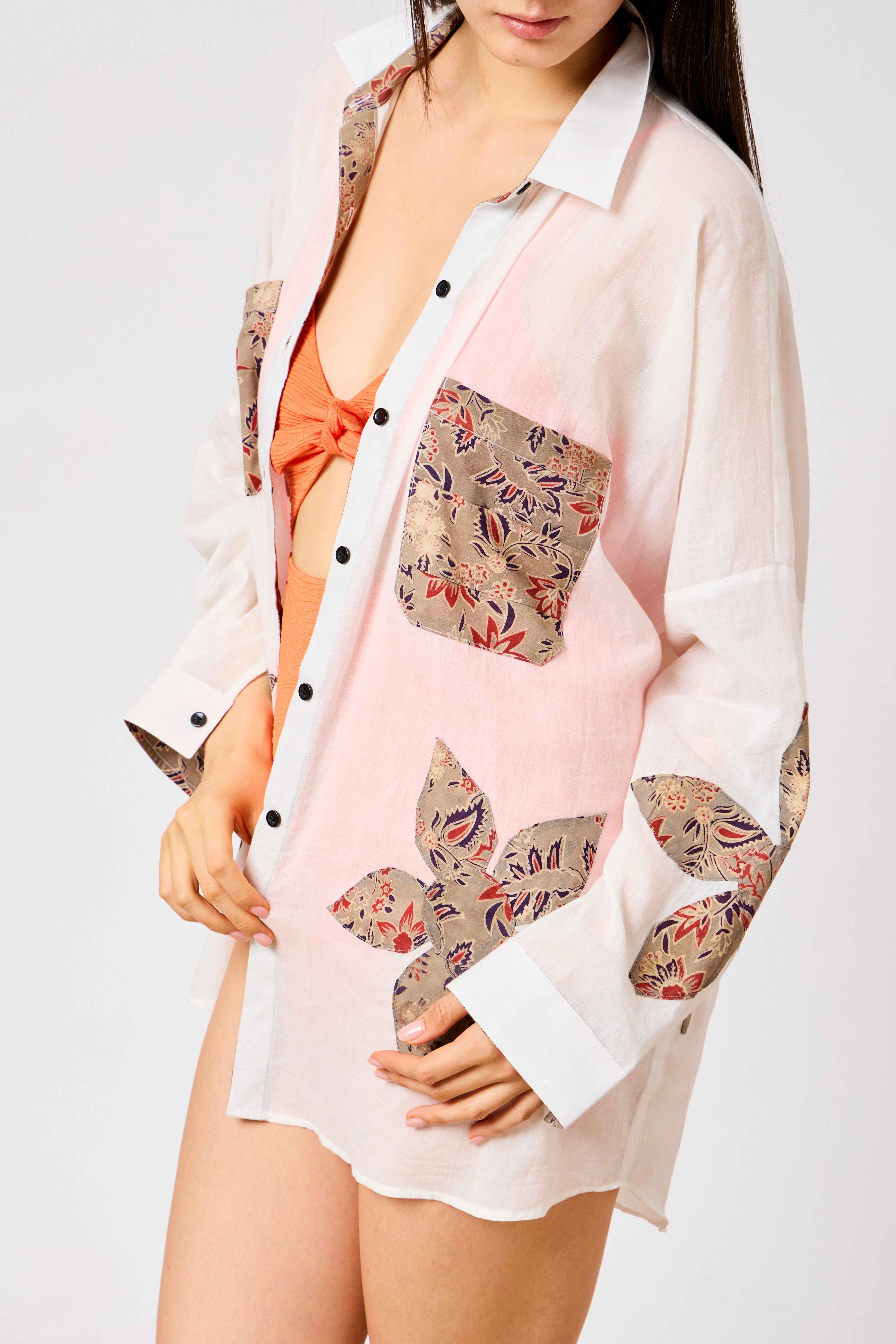 White Cotton Floral Patchwork Oversized Beach Cover-Up Shirt | Calista