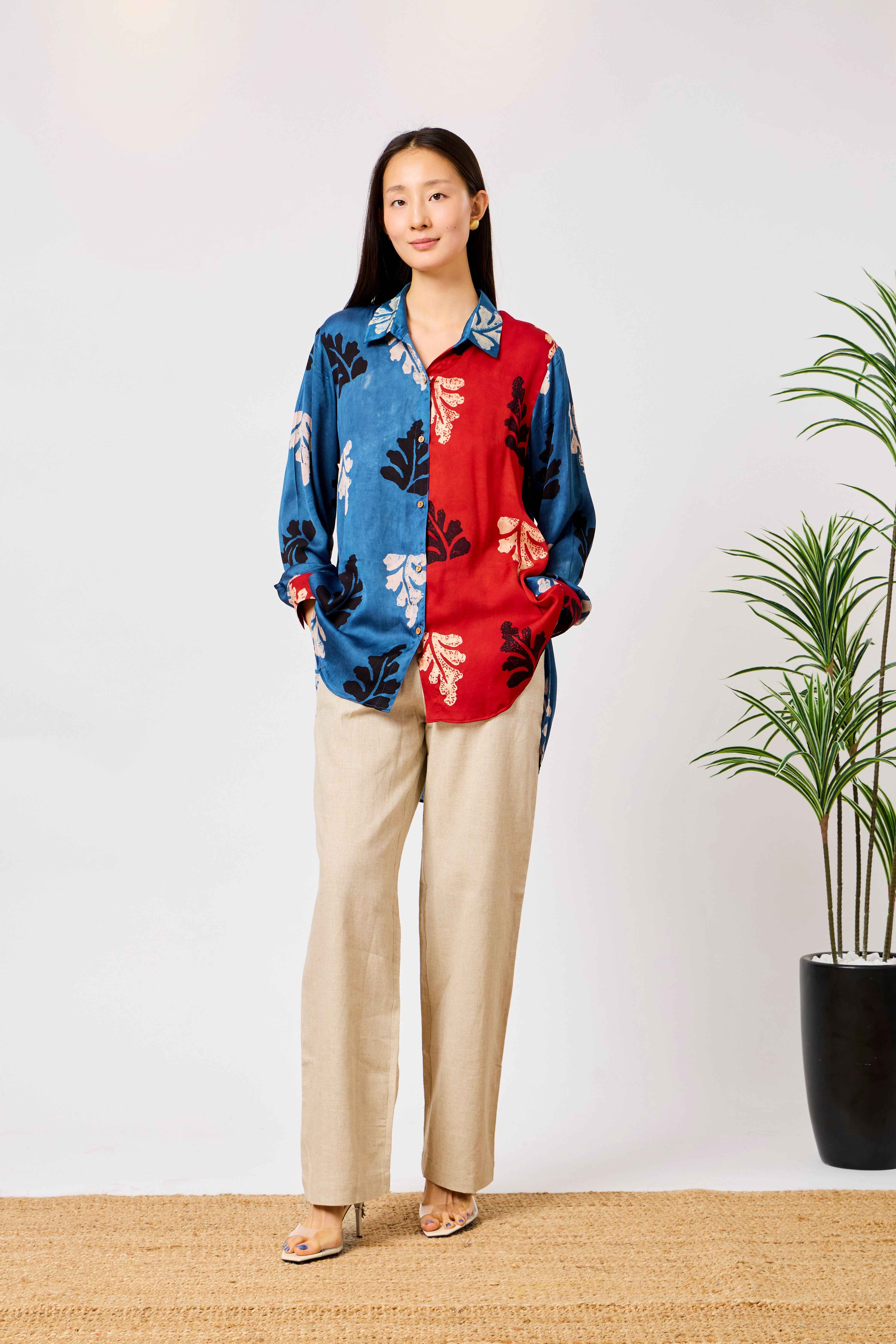 Modal Silk Red & Blue Abstract Print Long Shirt for Women | Farah