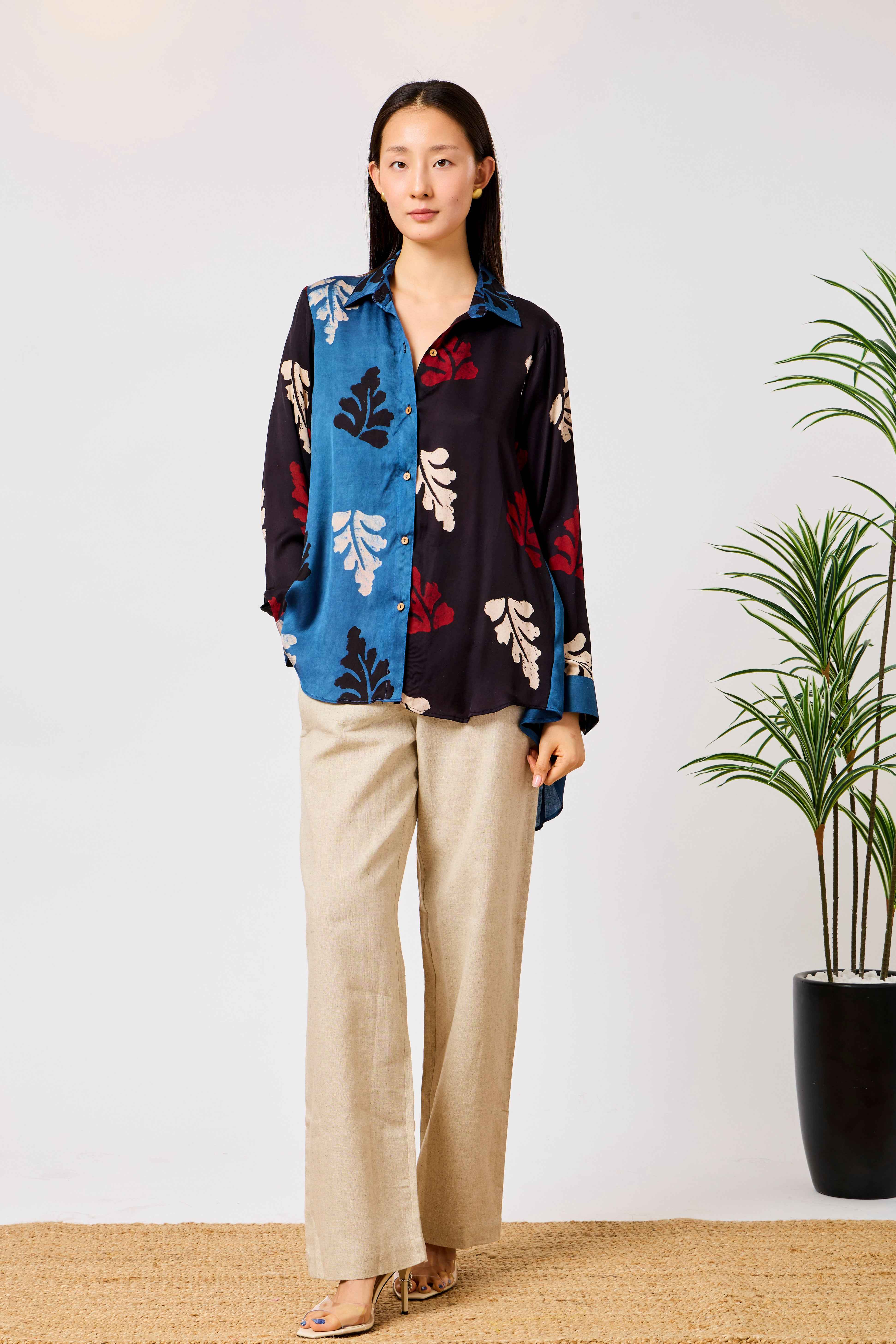 Modal Silk Blue & Black Abstract Print Long Shirt for Women | Inaya