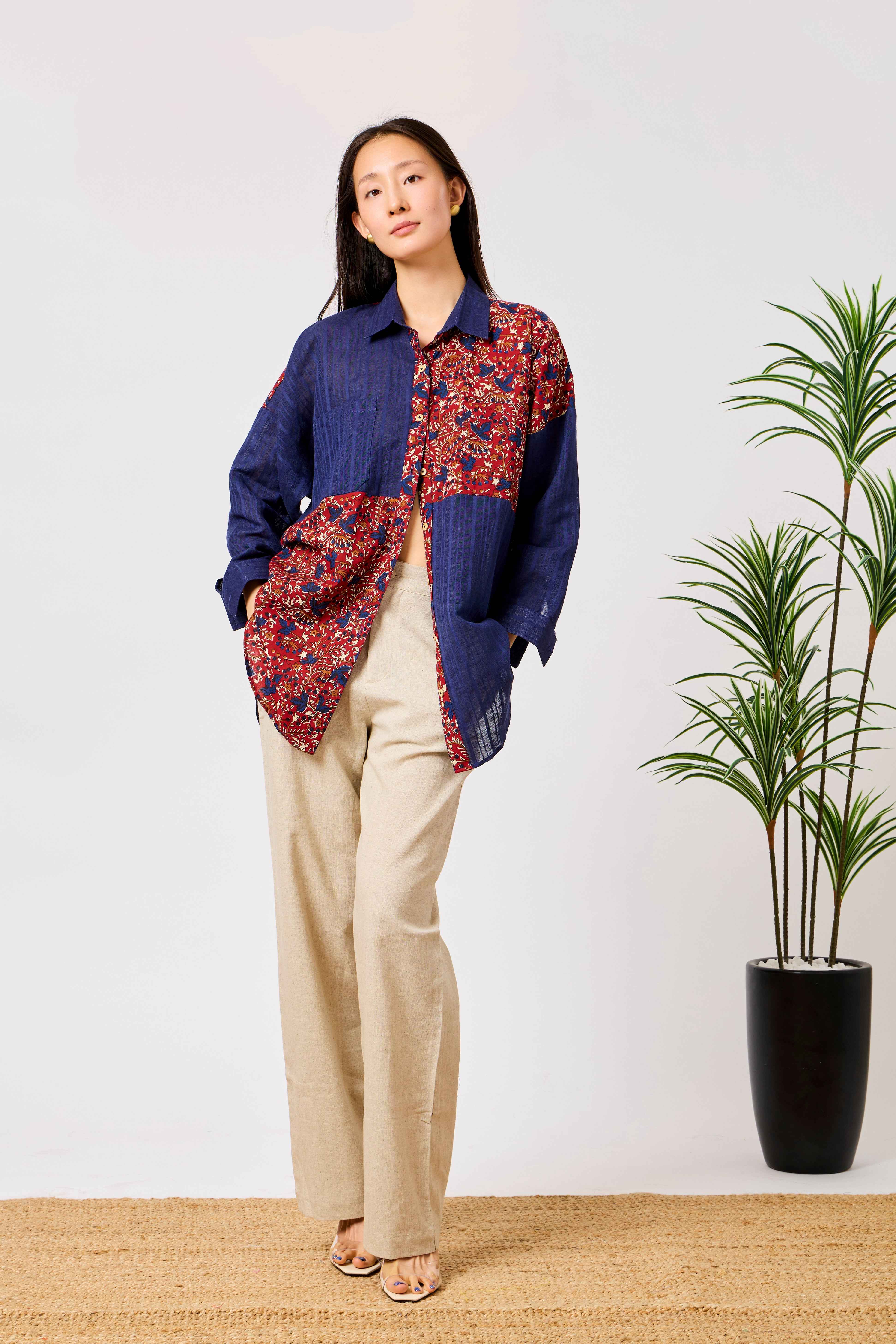 Pure Cotton Patchwork Floral Print Oversized Shirt for Women | Mariam