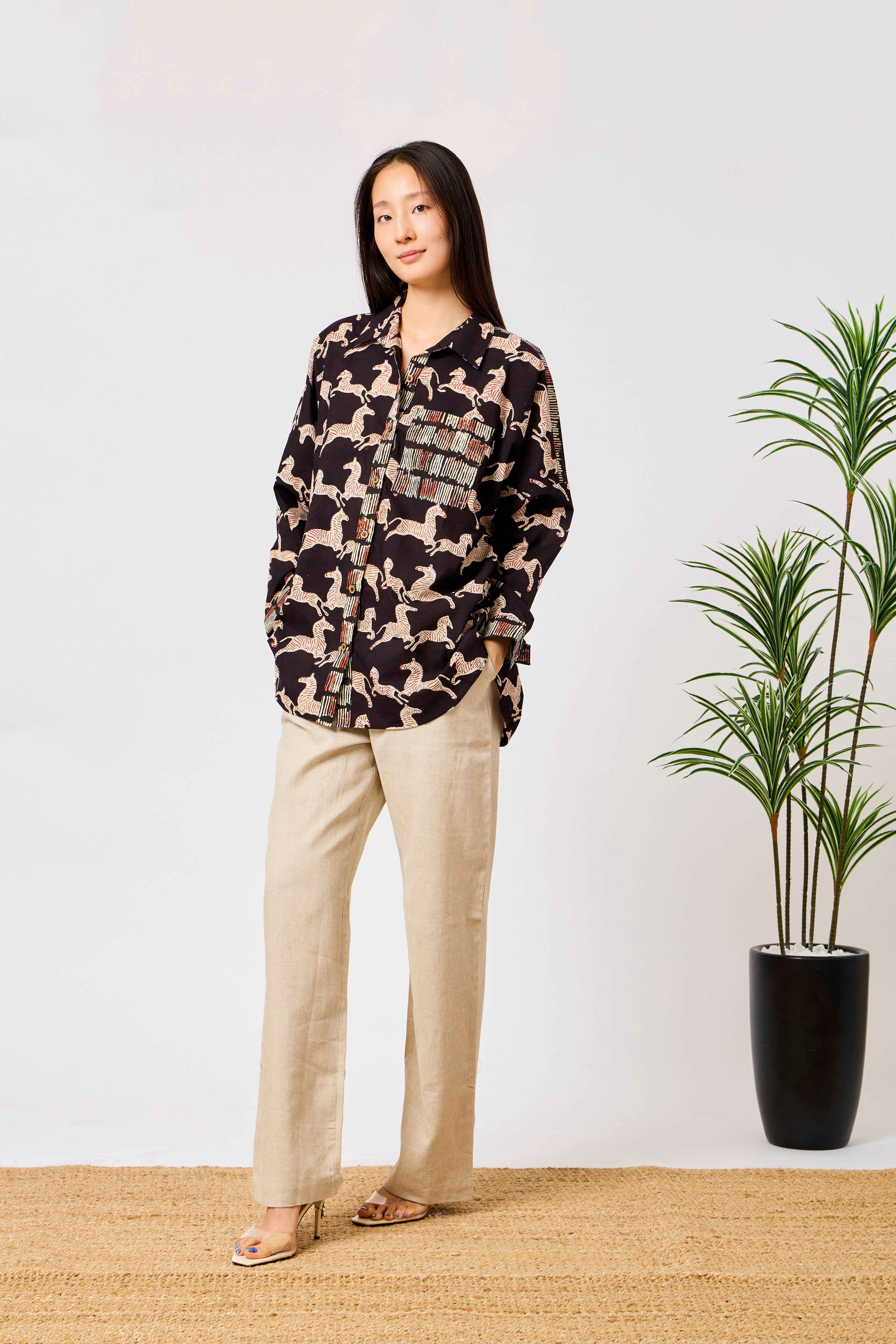 Pure Cotton Horse Print Oversized Shirt for Women | Noura