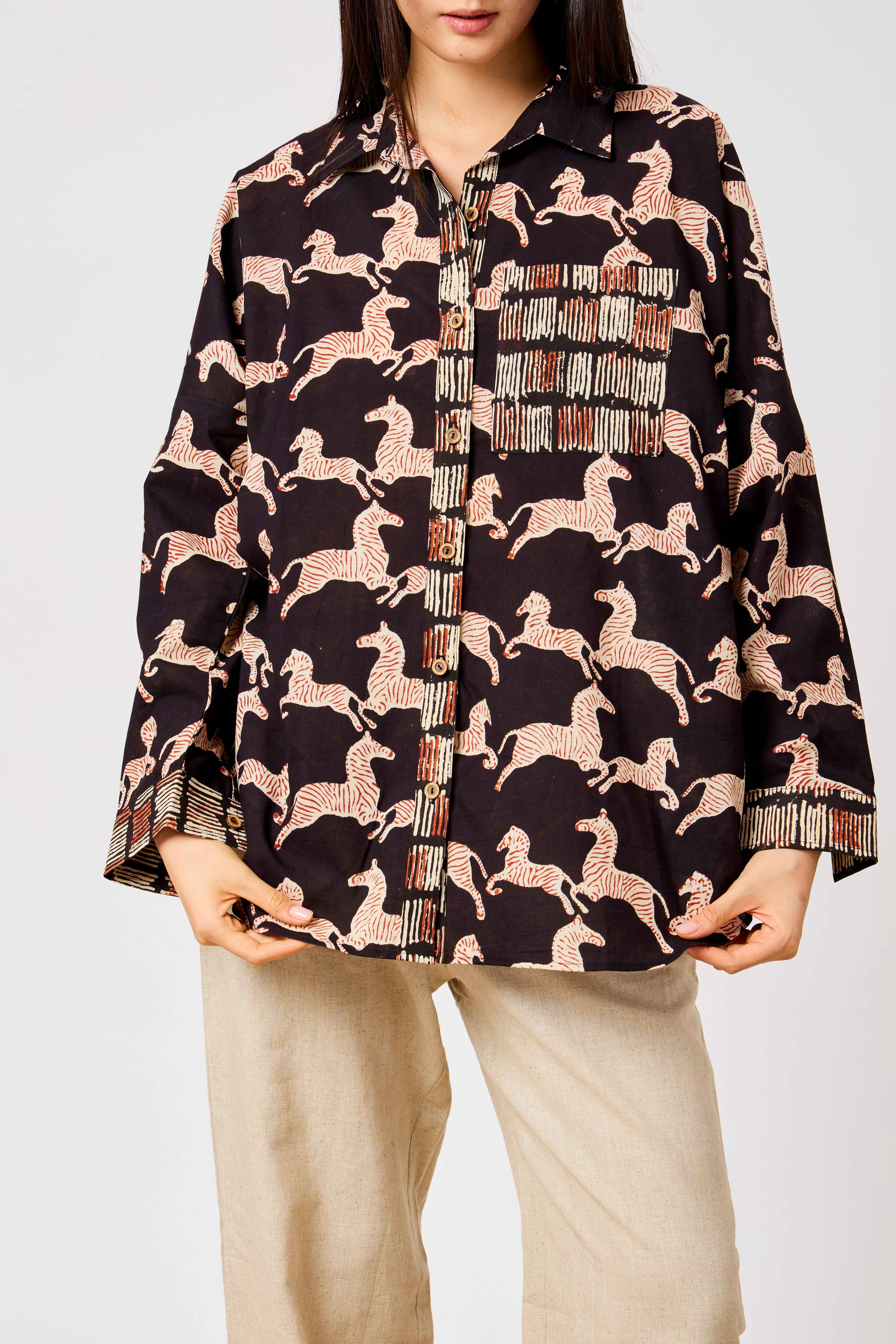 Pure Cotton Horse Print Oversized Shirt for Women | Noura