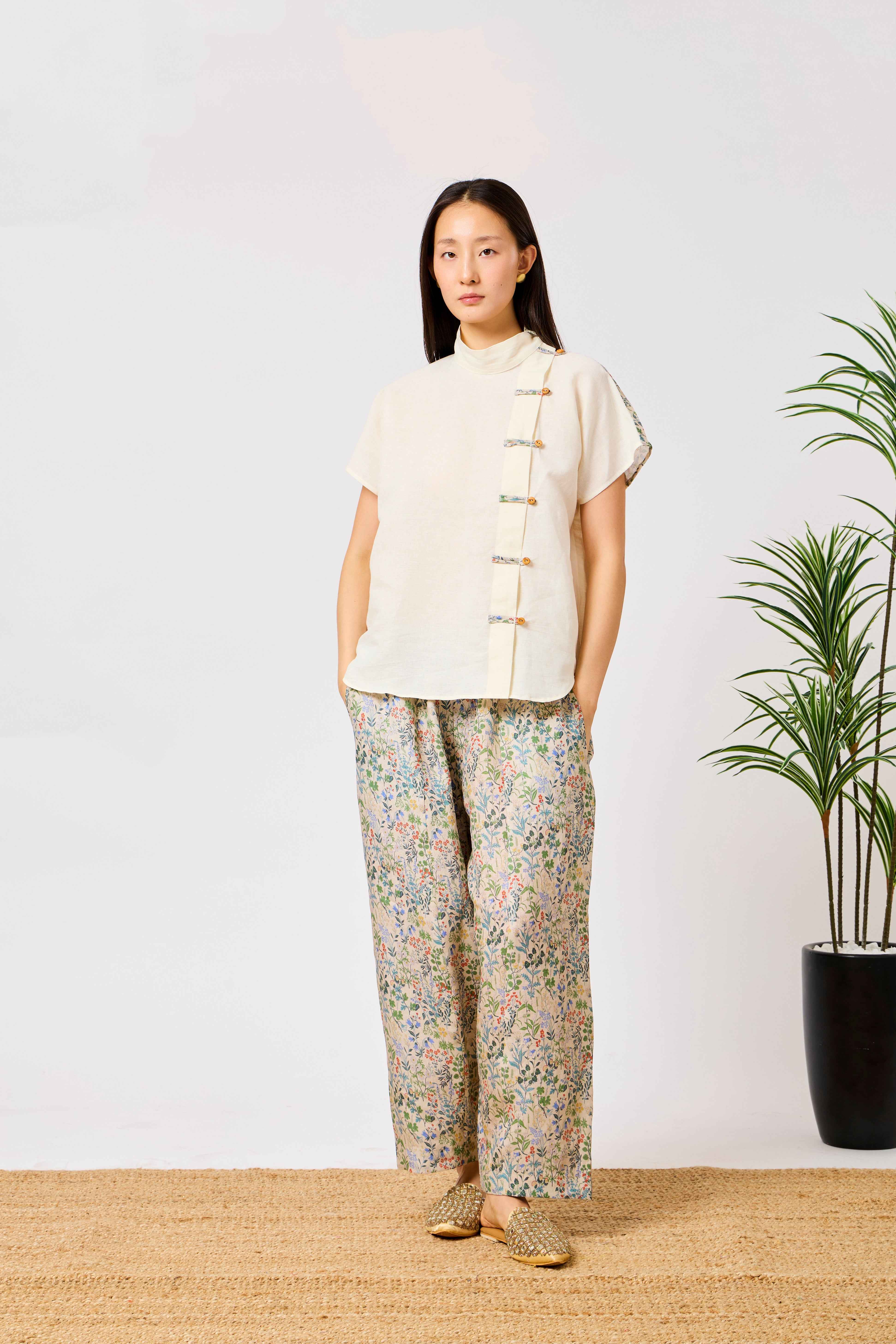 White Pure Linen Floral Wide Leg Co-Ord Set | Elara