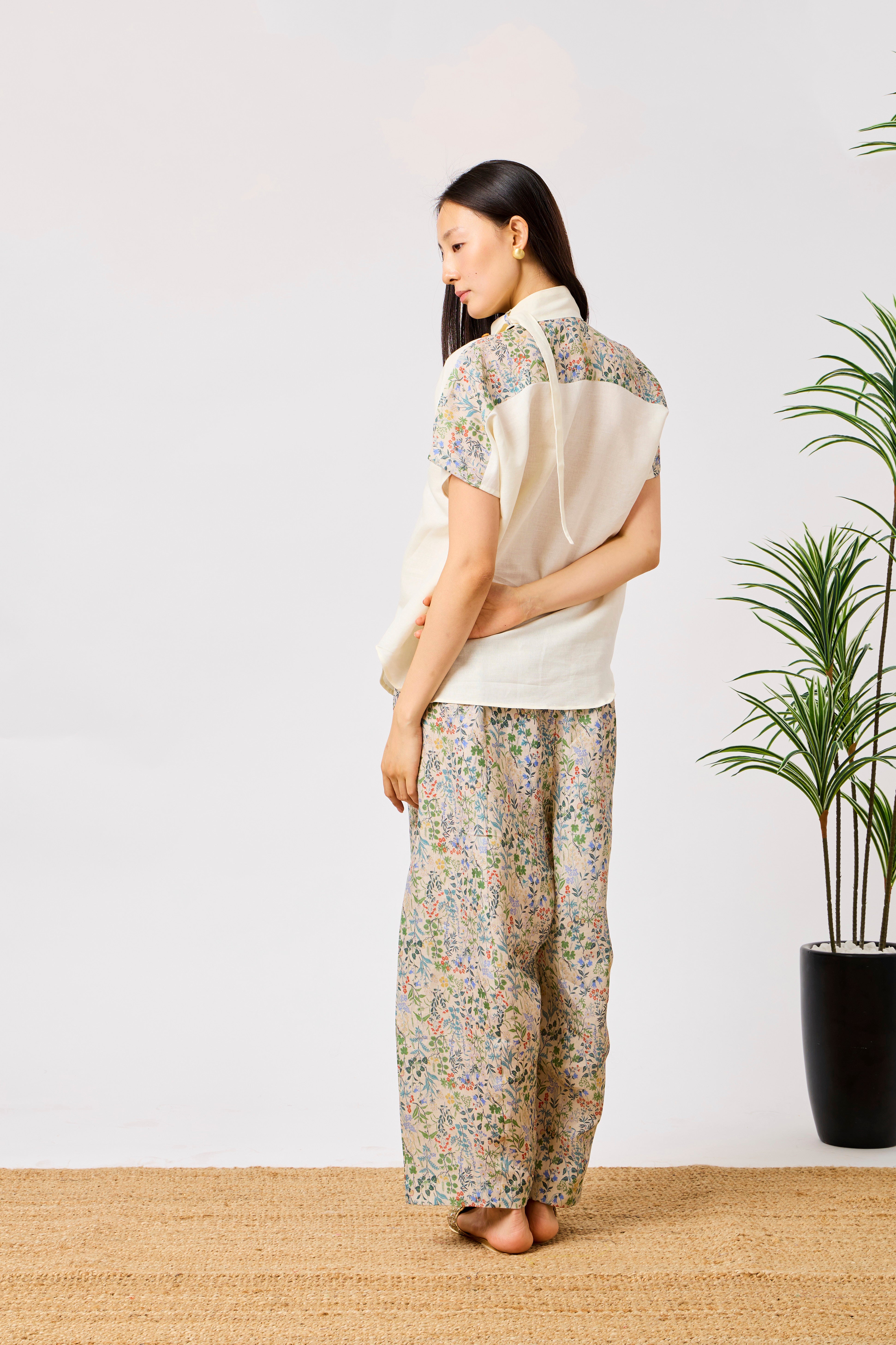 White Pure Linen Floral Wide Leg Co-Ord Set | Elara