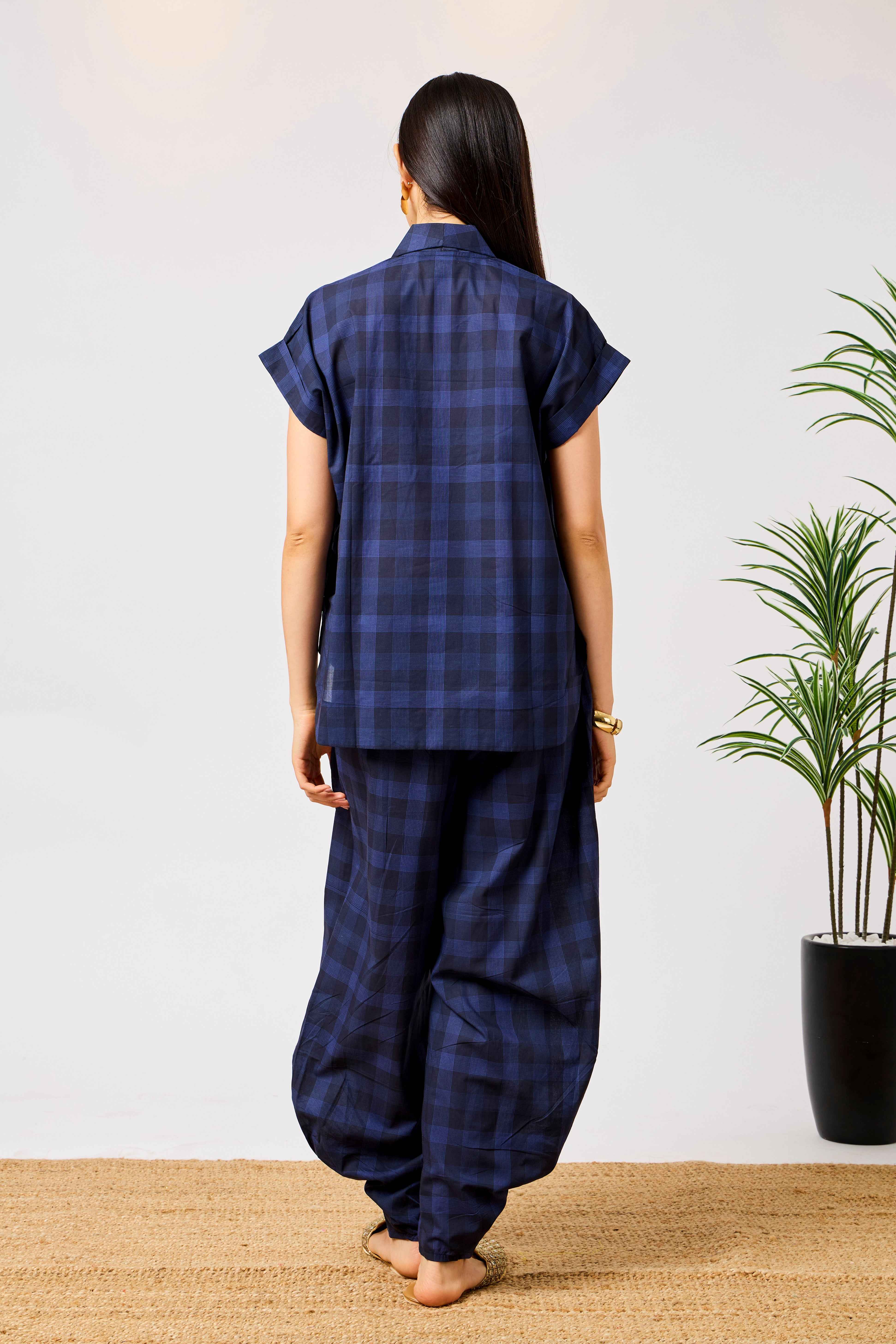 Navy Blue Cotton Checked Relaxed Co-Ord Set | Nayla