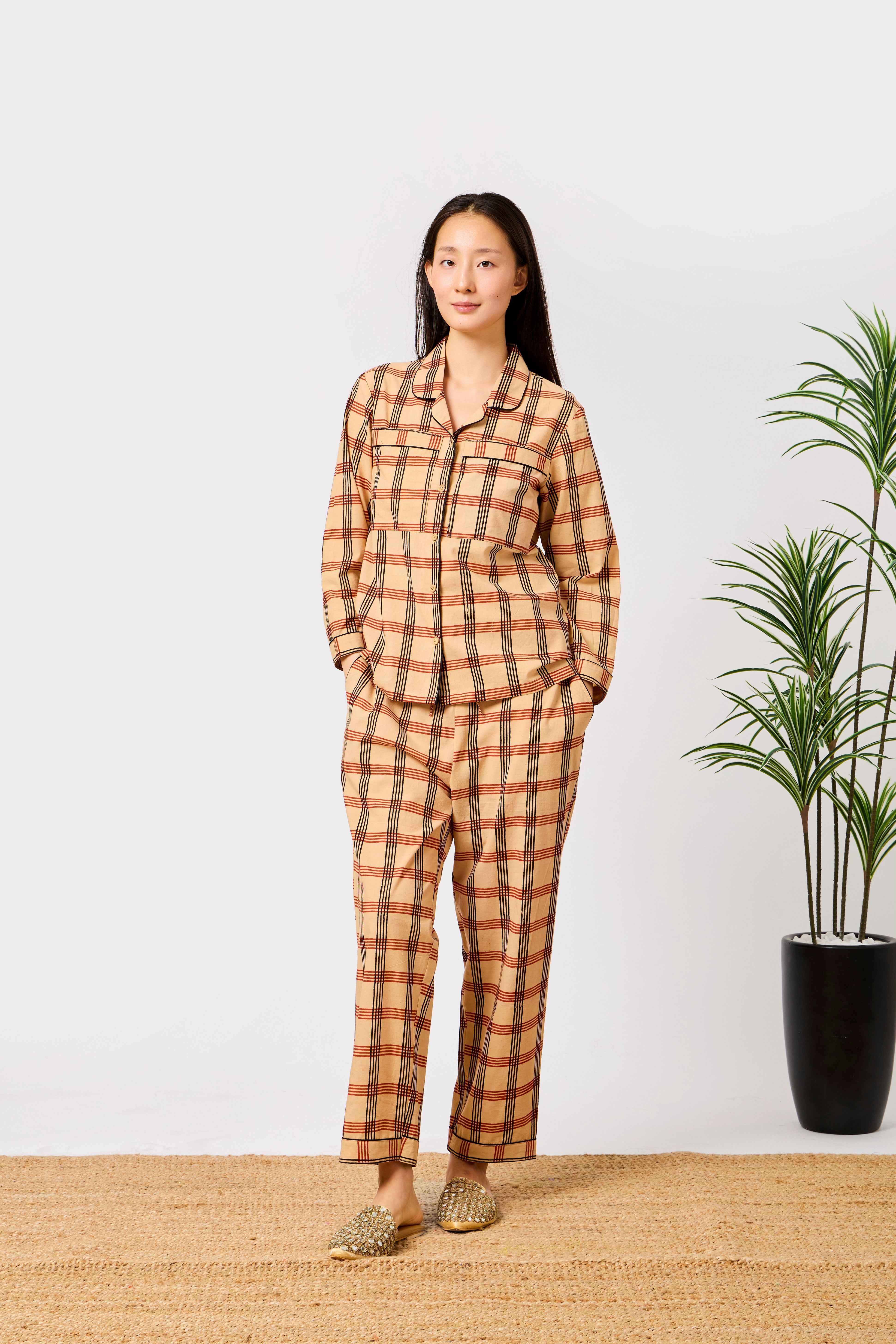 Beige Cotton Checked Night Suit Set with Long Sleeve Button-Down Top & Straight-Fit Trousers | Carina