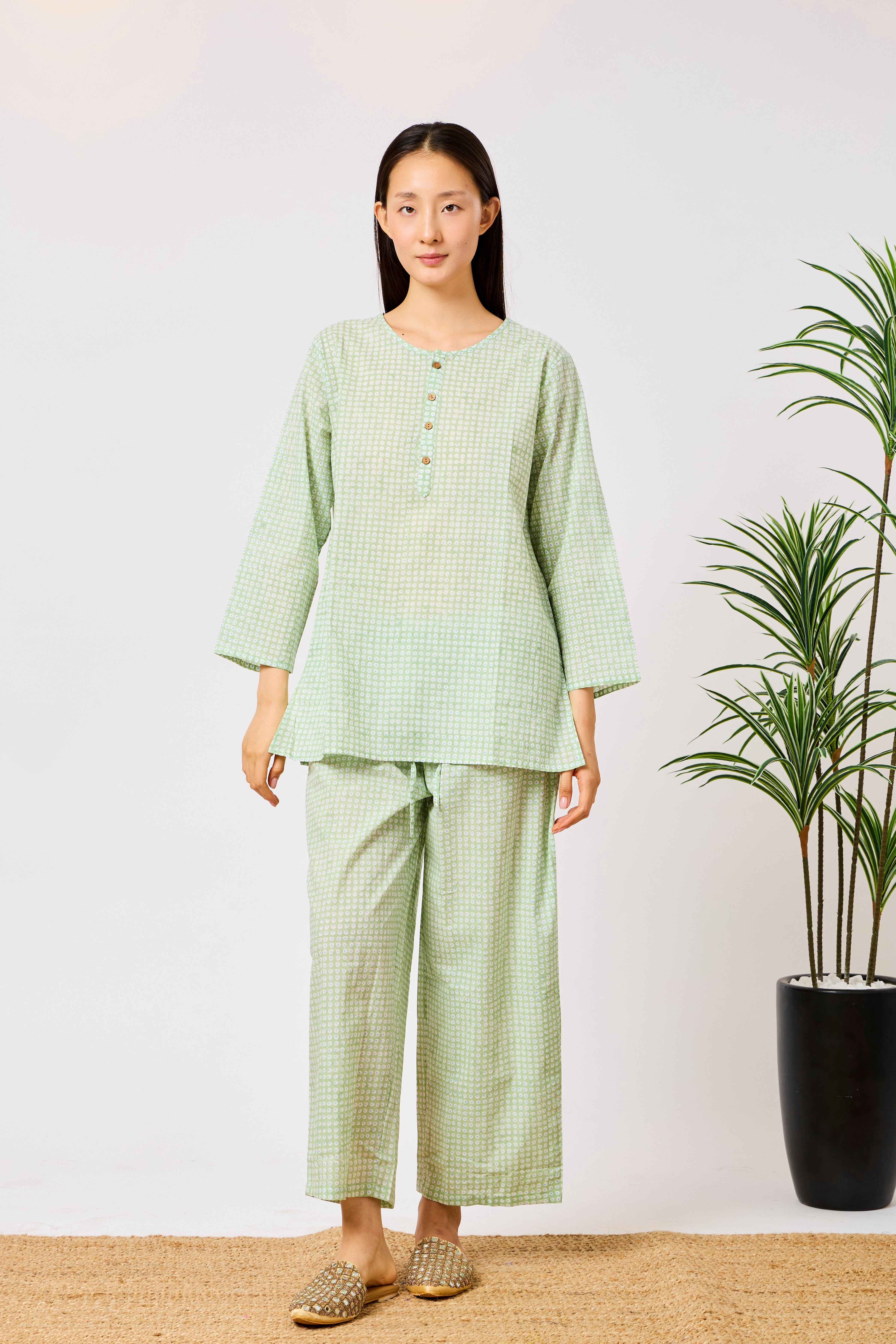 Cotton Printed Night Suit Set with Long Sleeve Button-Detail Top & Straight-Fit Trousers | Aveline
