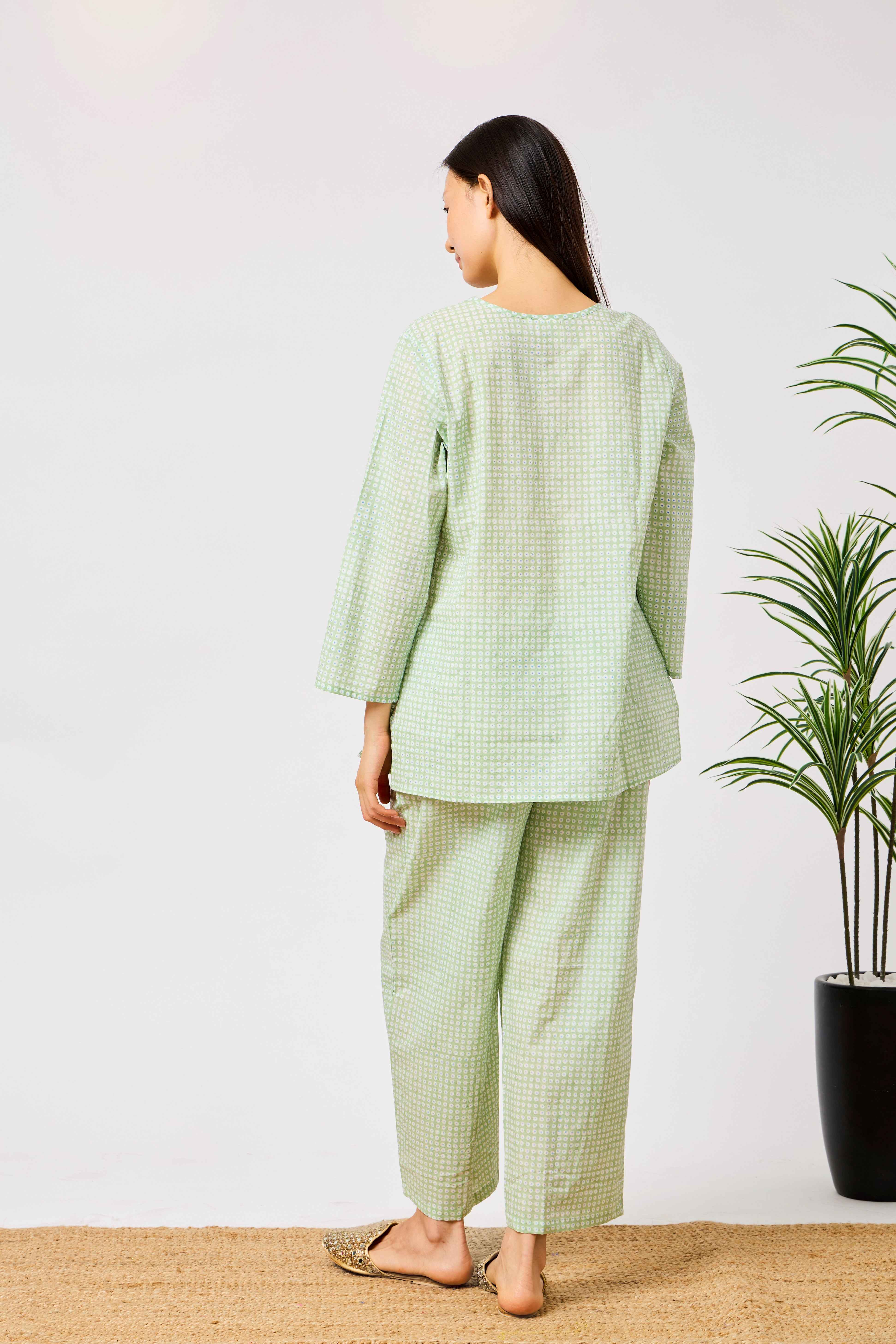 Cotton Printed Night Suit Set with Long Sleeve Button-Detail Top & Straight-Fit Trousers | Aveline