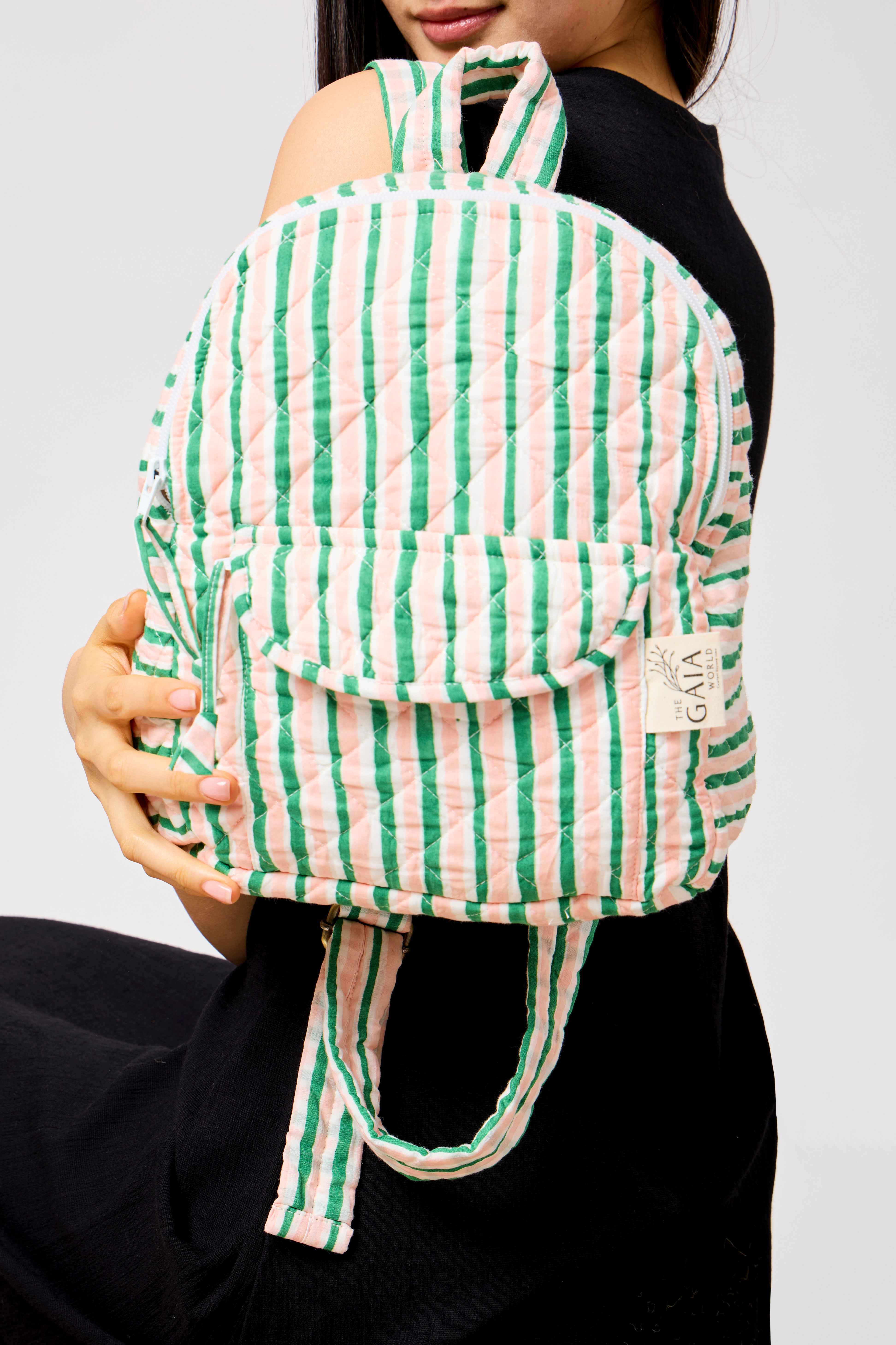 Quilted Cotton Striped Backpack for Everyday & Travel | Huda