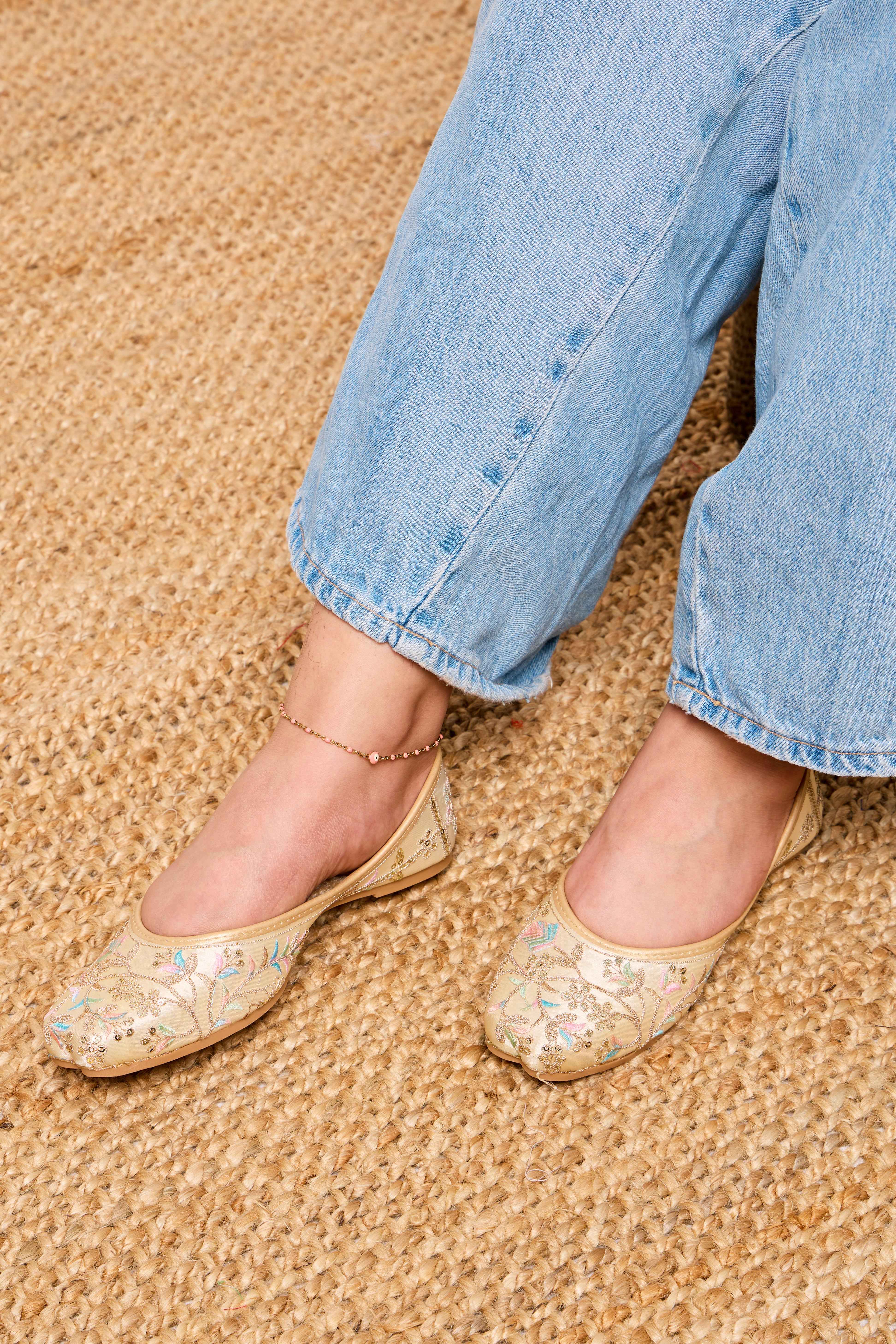 Beige Handmade Jutti with Pastel Floral Embroidery & Gold Threadwork | Najma