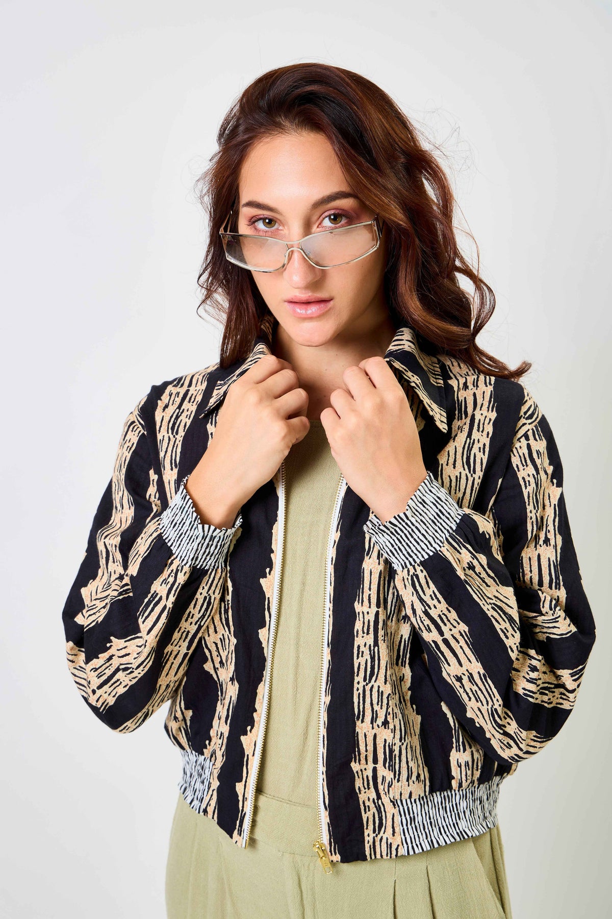Reversible Multicolour Hand Block Printed Cotton Bomber Jacket with Abstract Linear Motif | Tessar