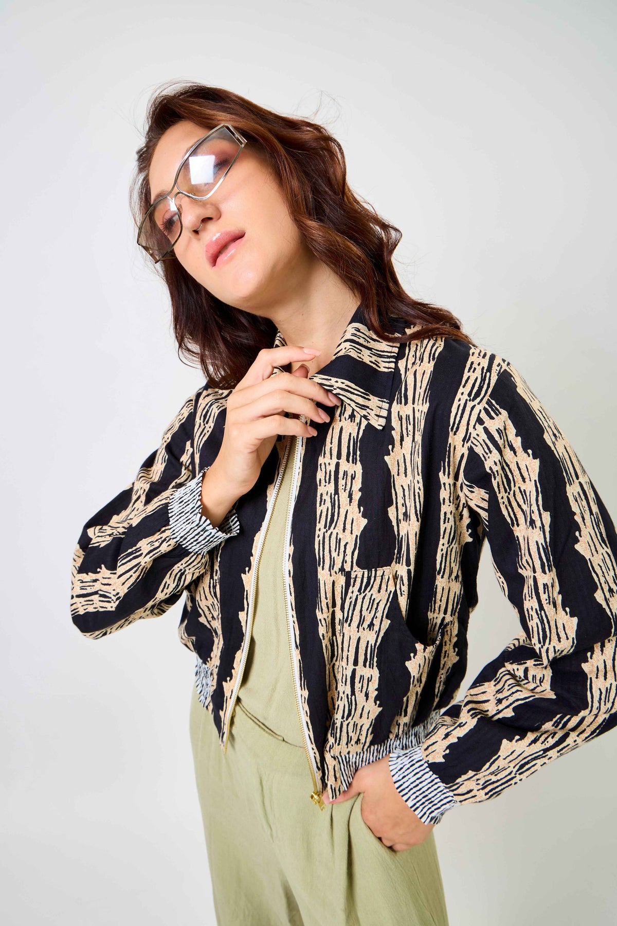 Reversible Multicolour Hand Block Printed Cotton Bomber Jacket with Abstract Linear Motif | Tessar