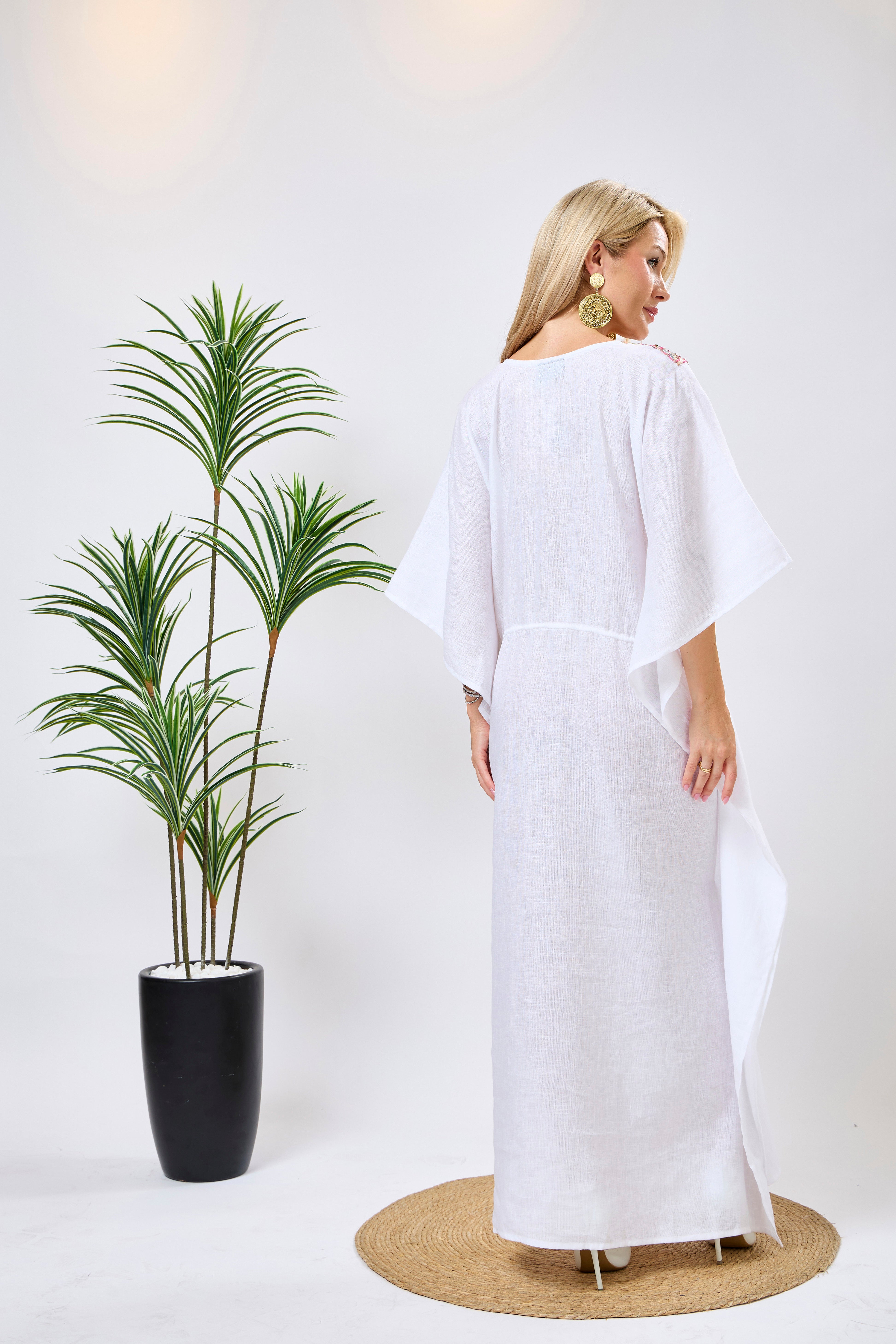 Linen Embroidered Kaftan in White with Pink Mirror Detailing & Adjustable Waist Tie | Seravelle