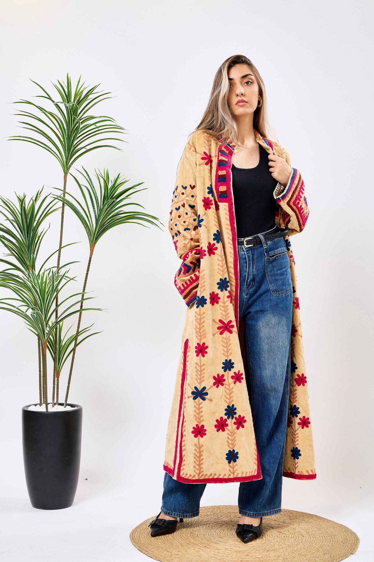 Reversible Velvet Long Jacket with Intricate Floral Embroidery & Elegant Textured Design | Zareen
