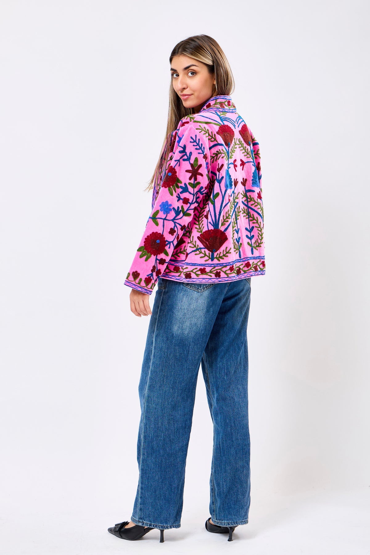 Reversible Velvet Short Jacket with Floral Embroidery in Vibrant Pink Statement Design | Elvara