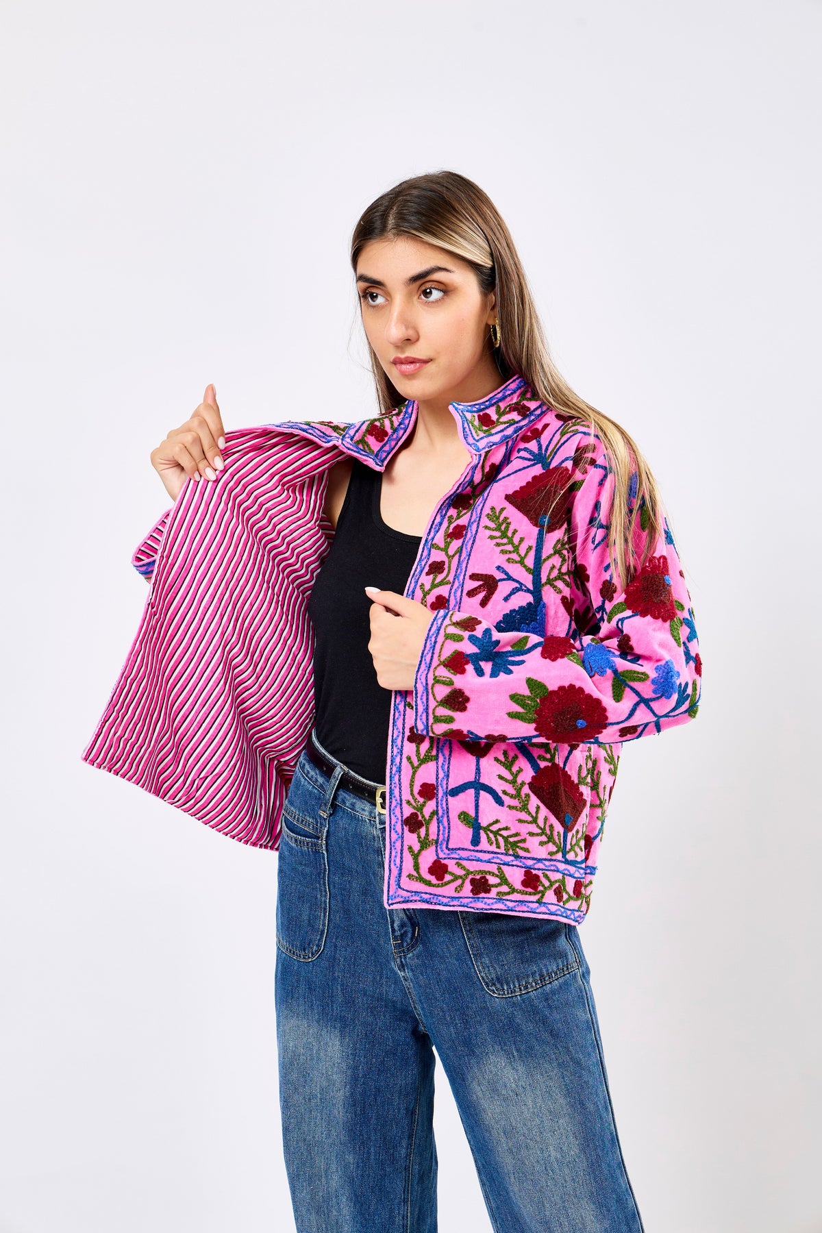 Reversible Velvet Short Jacket with Floral Embroidery in Vibrant Pink Statement Design | Elvara