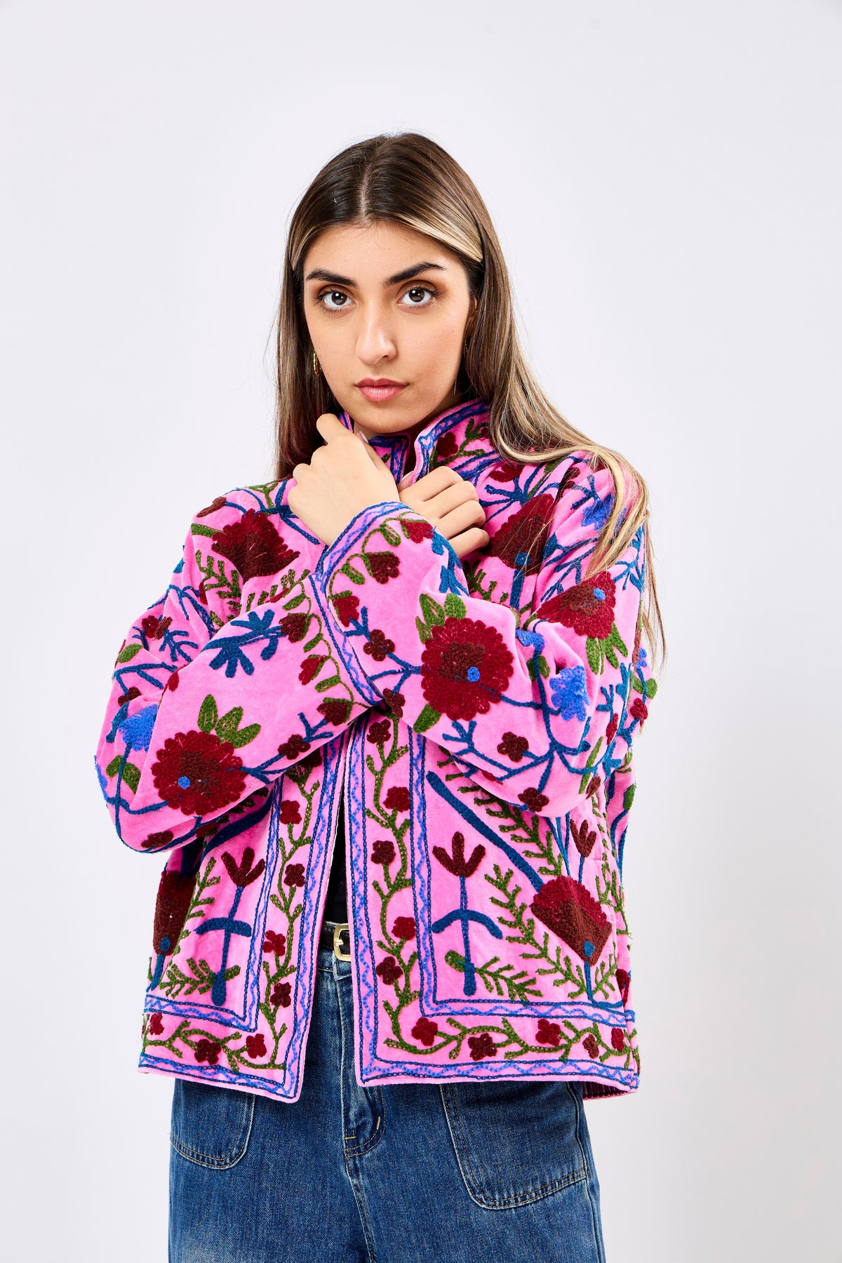 Reversible Velvet Short Jacket with Floral Embroidery in Vibrant Pink Statement Design | Elvara