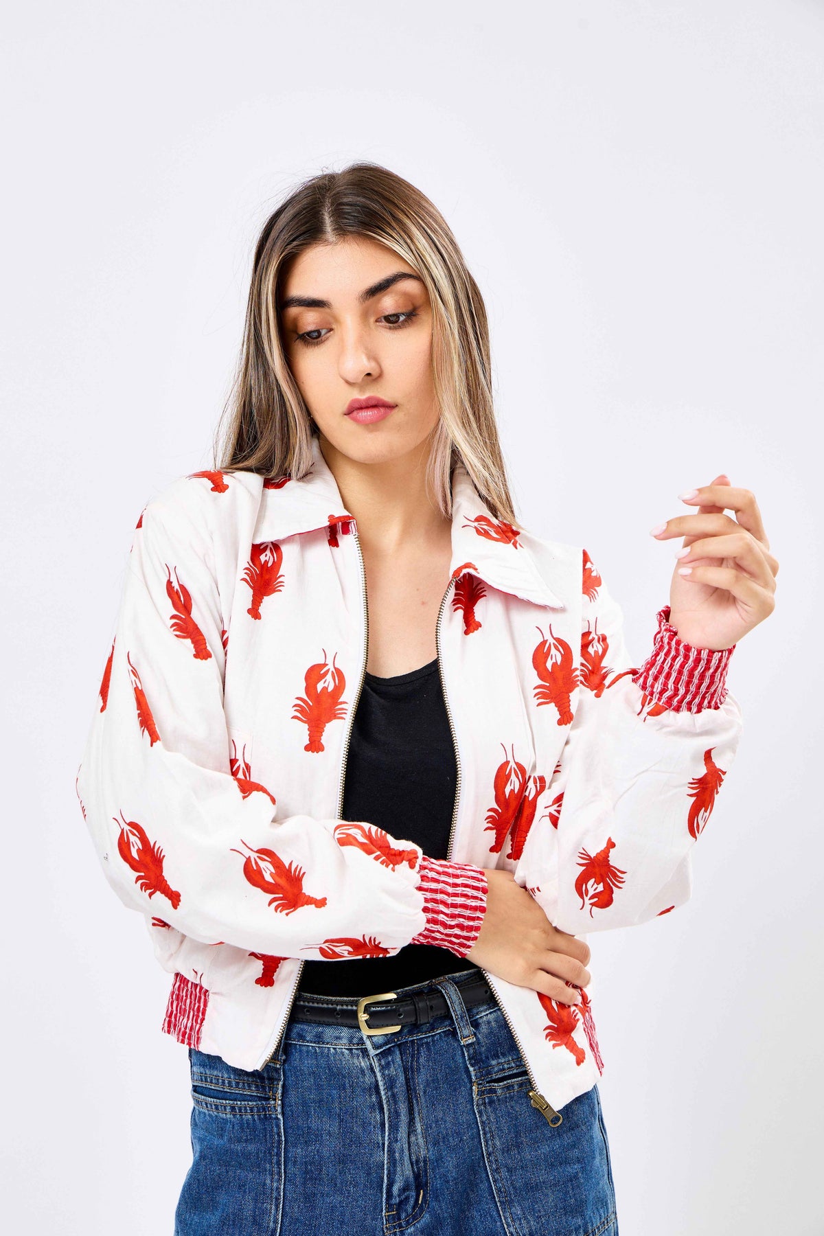 Reversible Multicolour Hand Block Printed Cotton Bomber Jacket with Lobster Motif | Sangmar