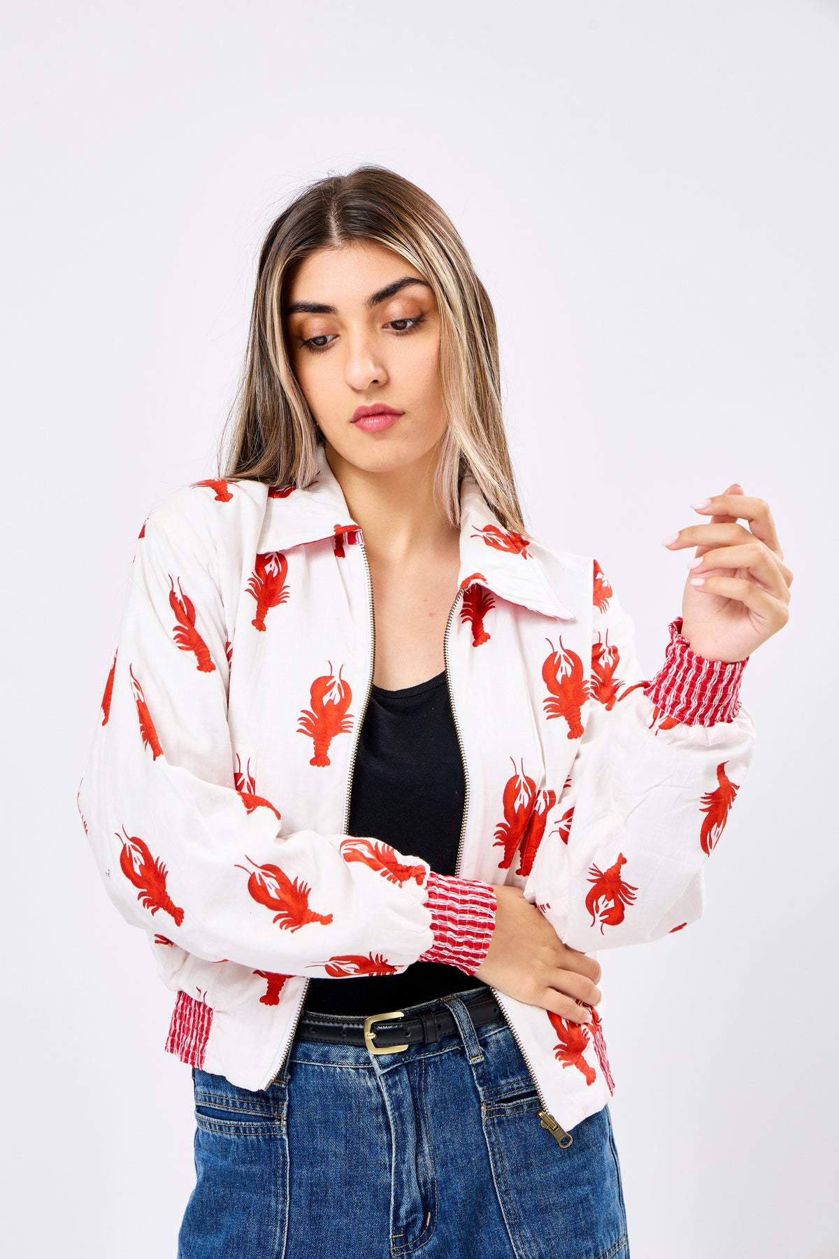 Reversible Multicolour Hand Block Printed Cotton Bomber Jacket with Lobster Motif | Sangmar