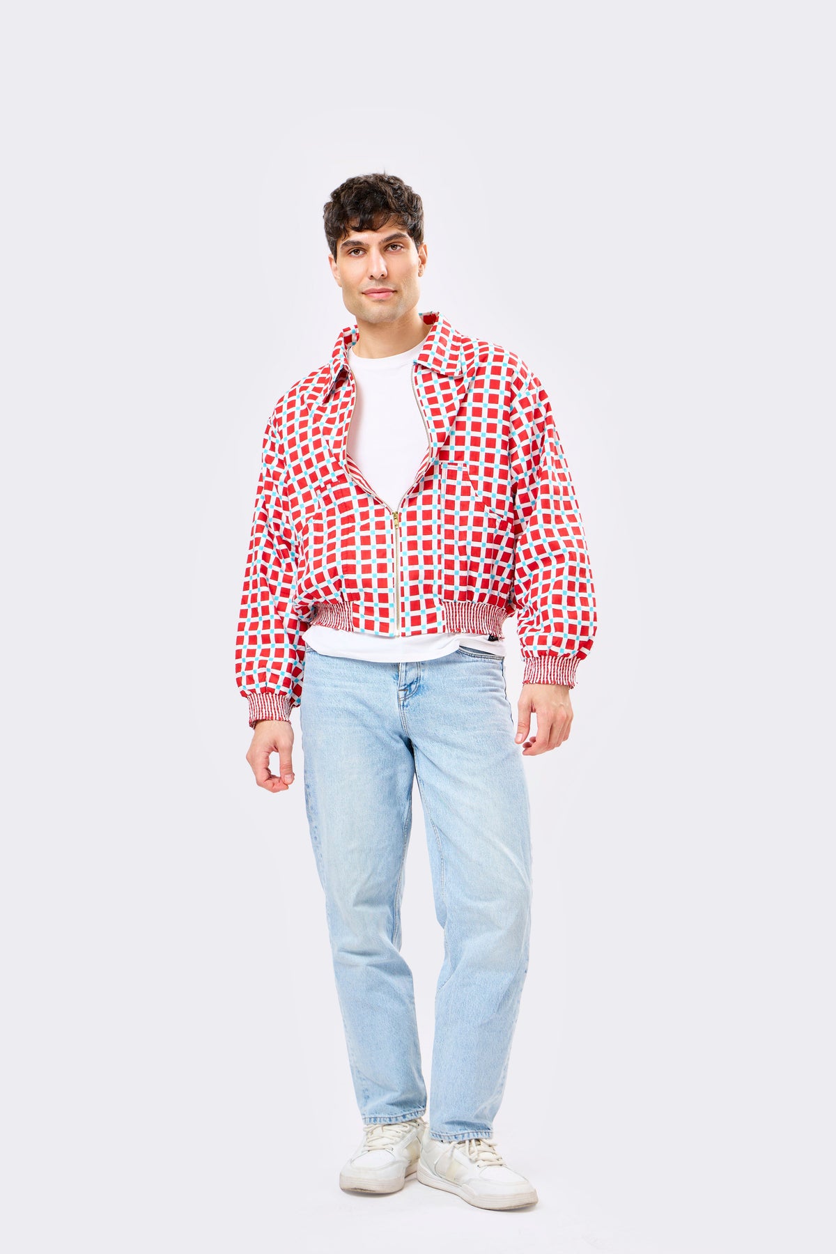 Reversible Multicolour Hand Block Printed Cotton Bomber Jacket with Classic Check Pattern | Vero