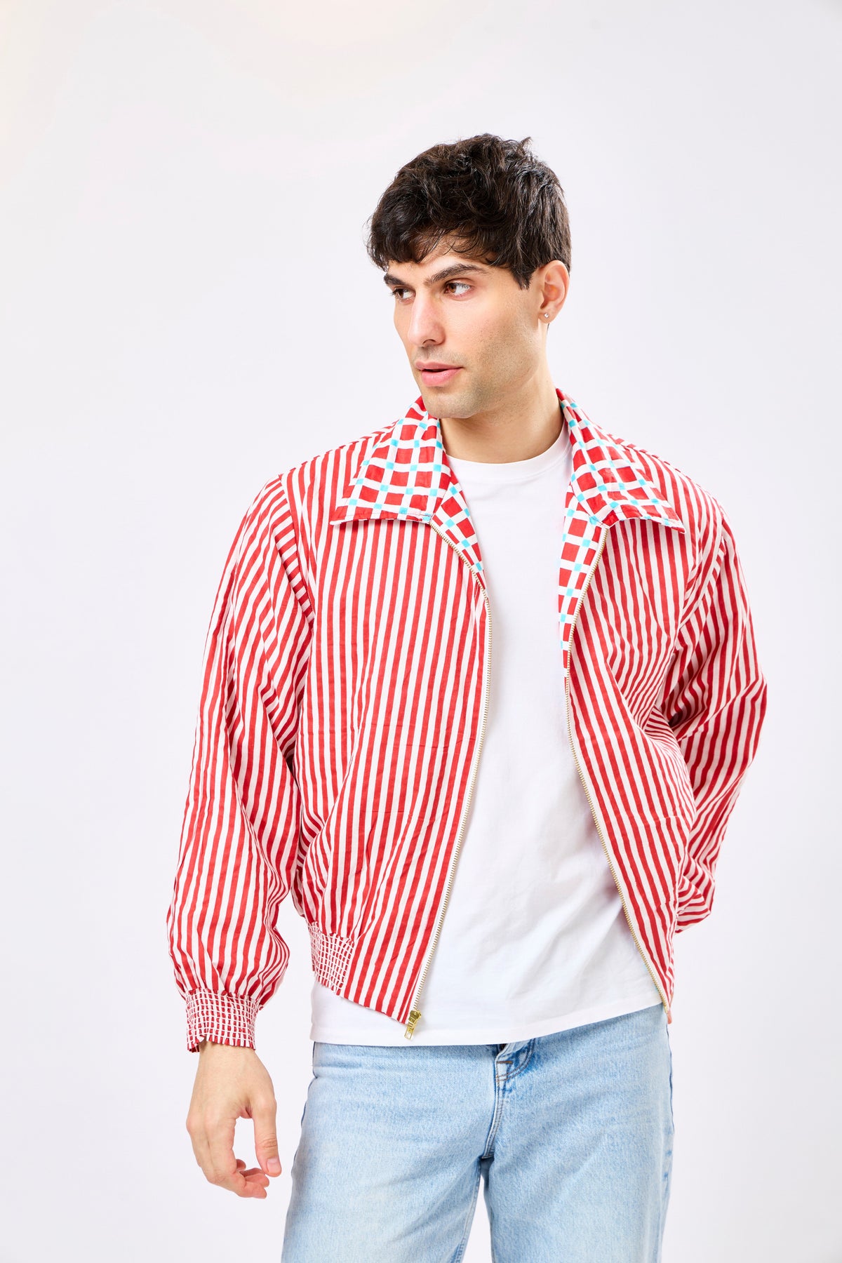 Reversible Multicolour Hand Block Printed Cotton Bomber Jacket with Classic Check Pattern | Vero
