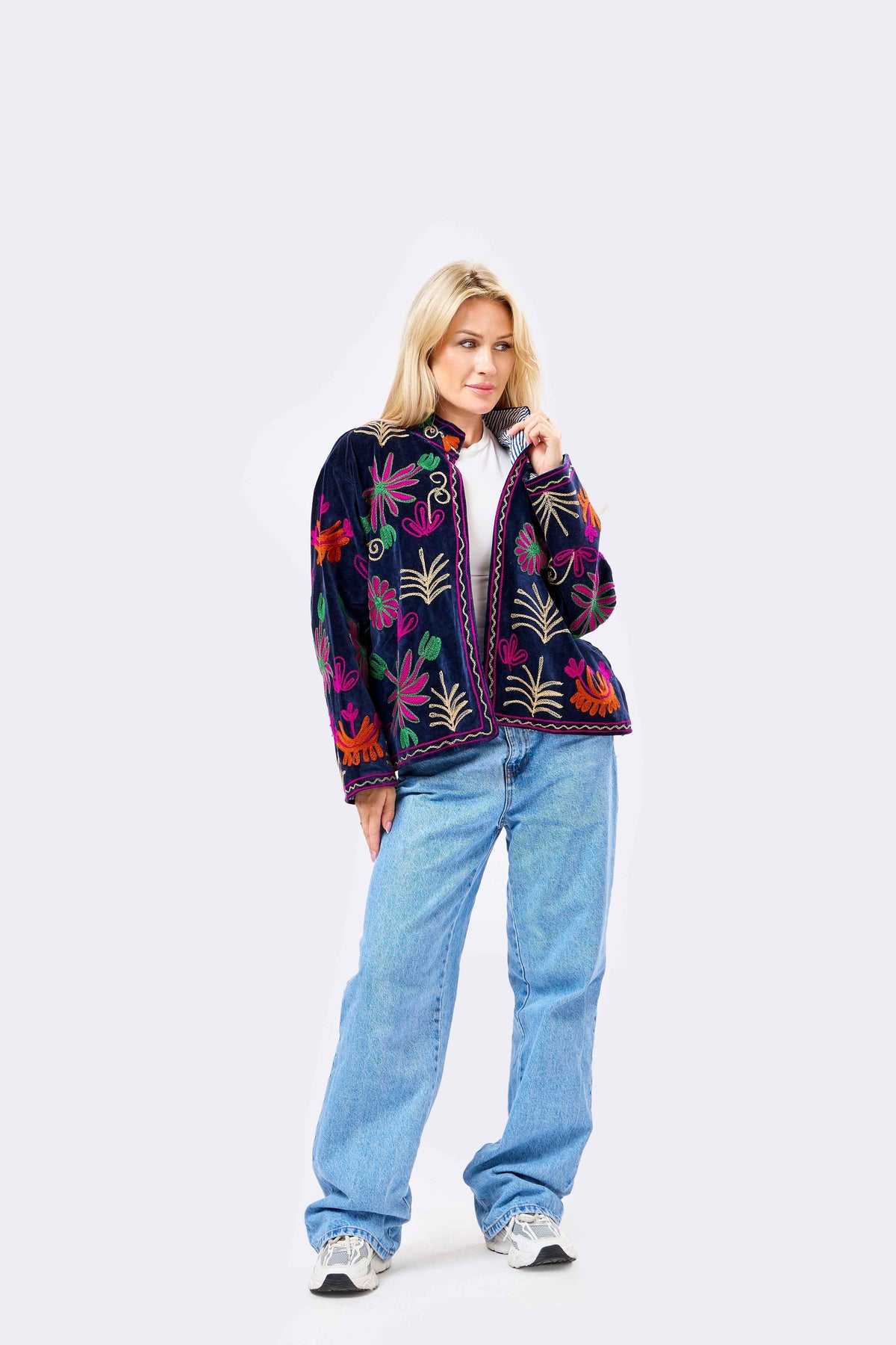 Reversible Velvet Short Jacket with Vibrant Floral Embroidery on Midnight Base | Noctira