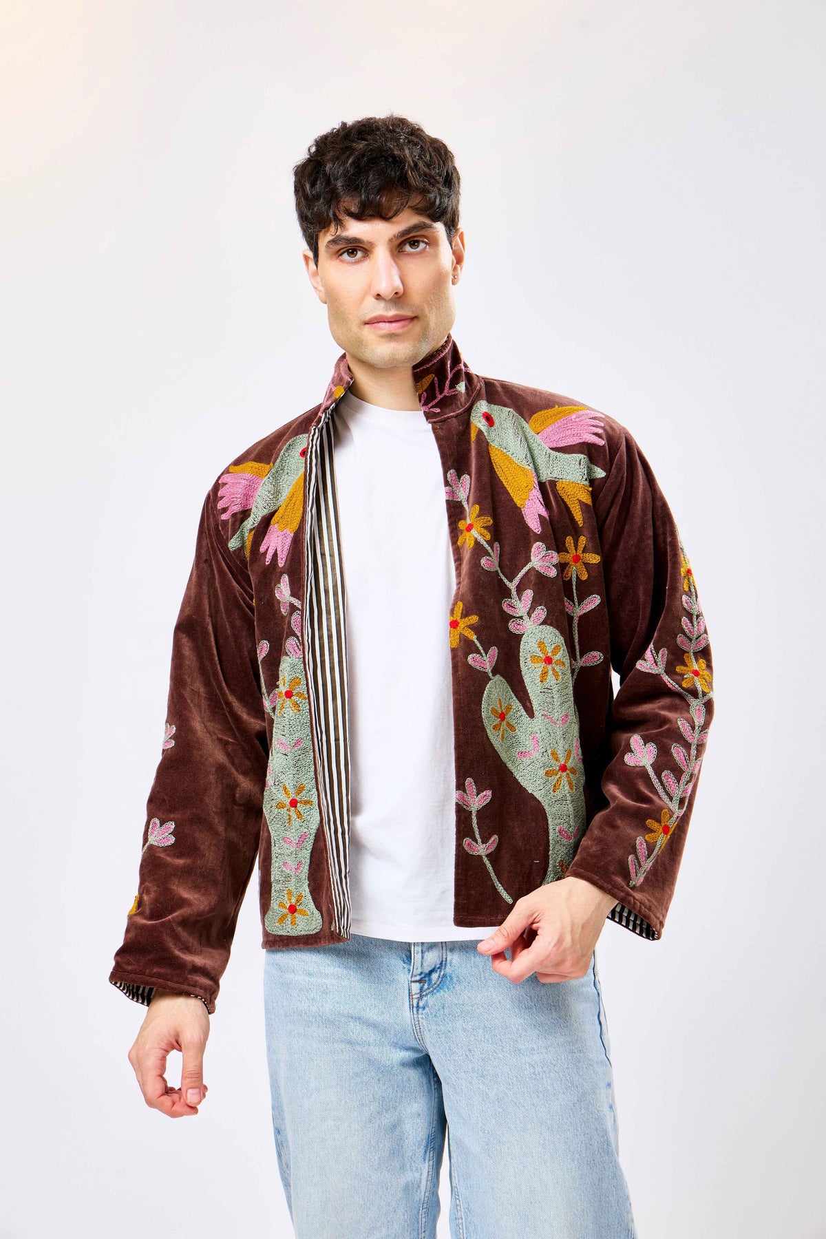 Reversible Velvet Short Jacket with Bird & Floral Embroidery in Earthy Brown Nature Design | Orvello