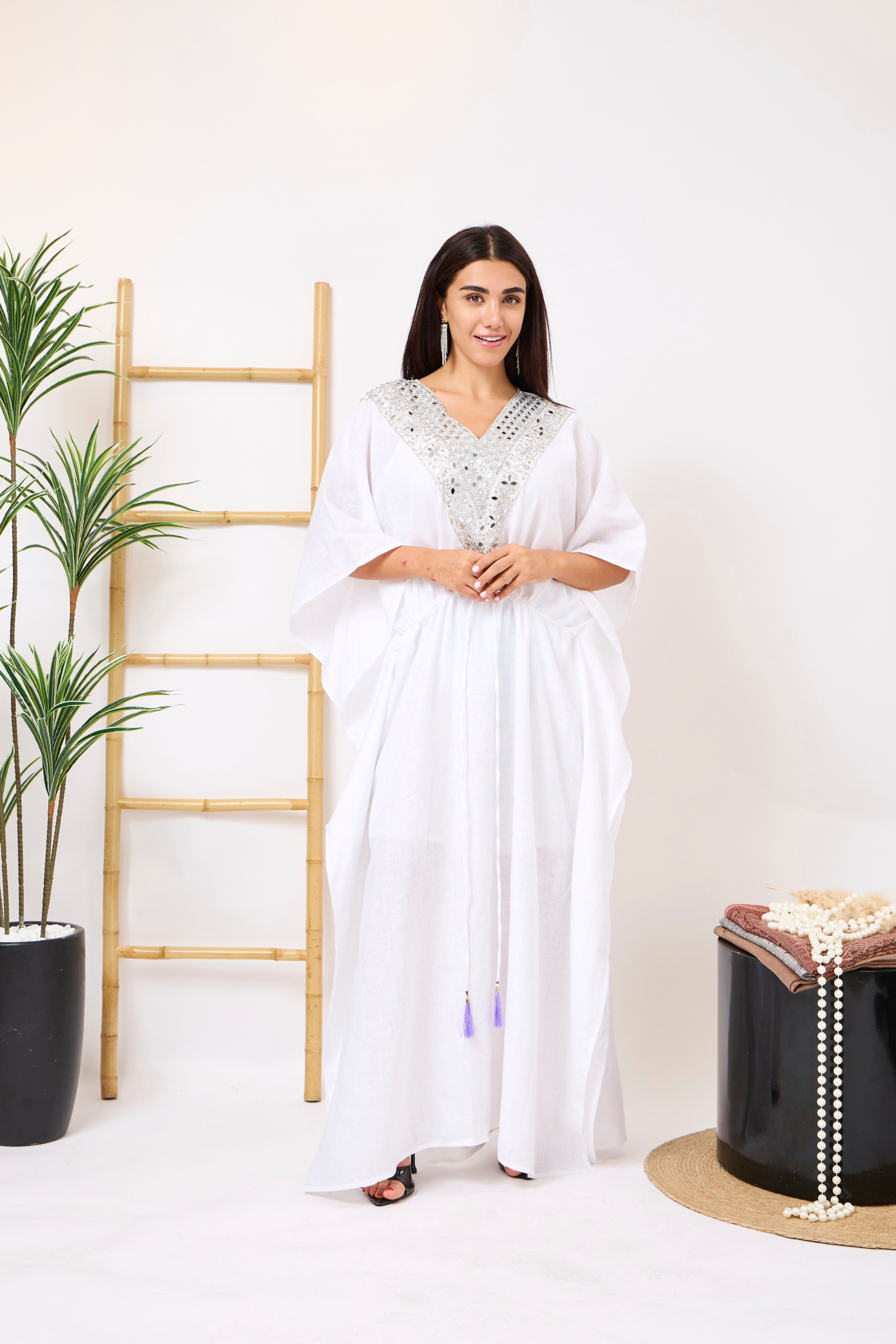 Linen Embroidered Kaftan in White with Handcrafted Artisanal Detailing & Flowing Silhouette | Vireya