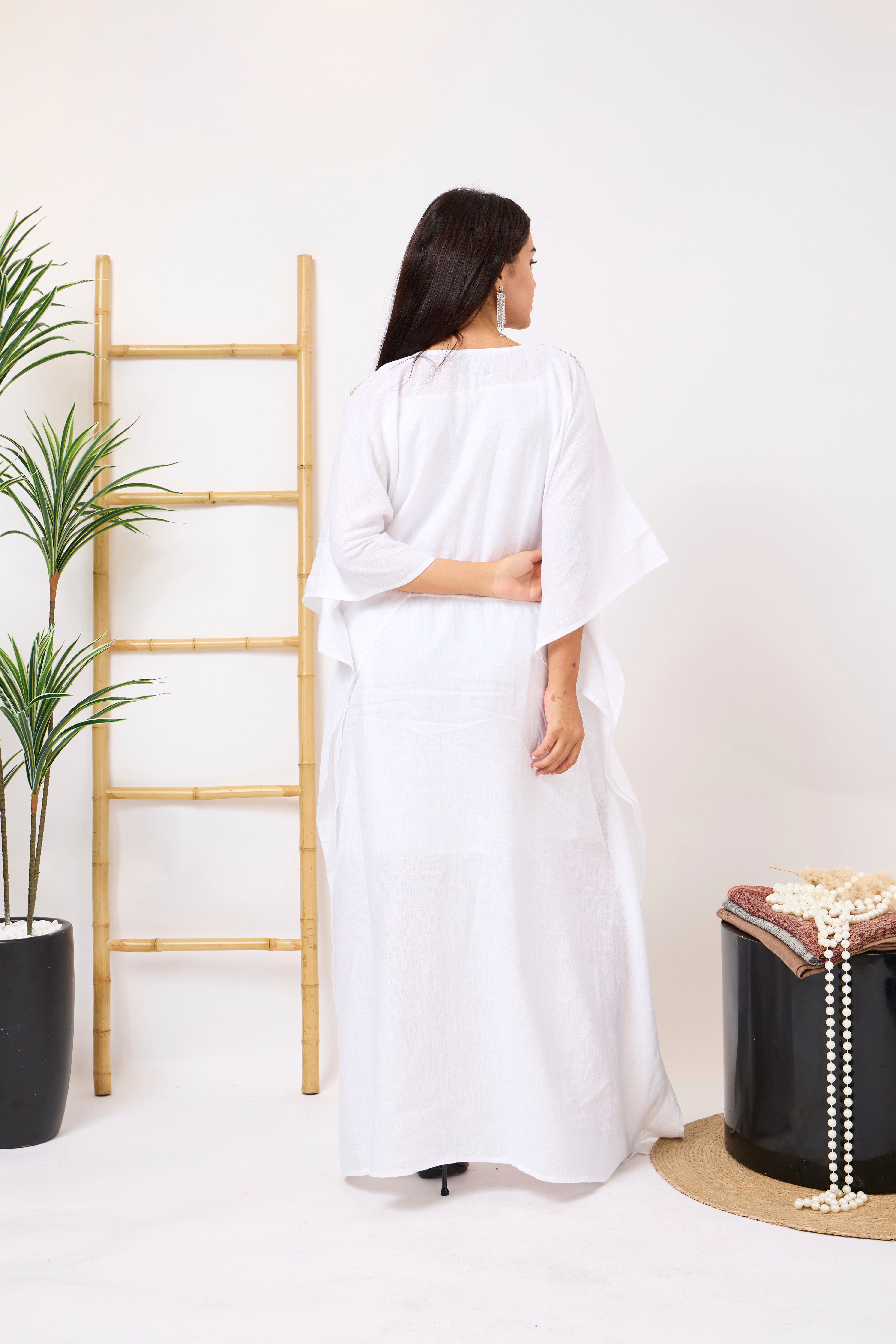 Linen Embroidered Kaftan in White with Handcrafted Artisanal Detailing & Flowing Silhouette | Vireya