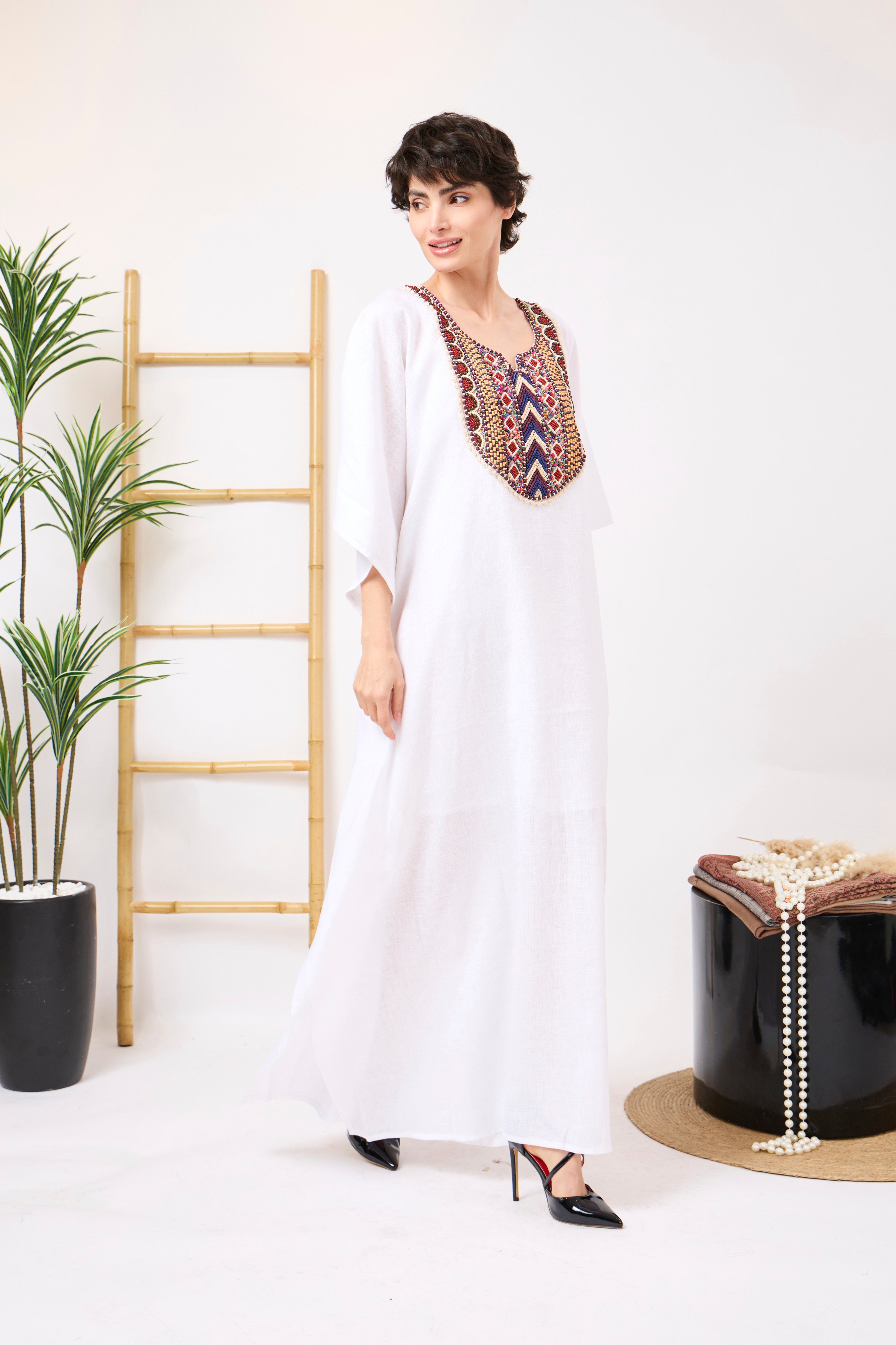 Linen Embroidered Kaftan in White with Geometric Detailing & Flowing Sleeves | Esmora