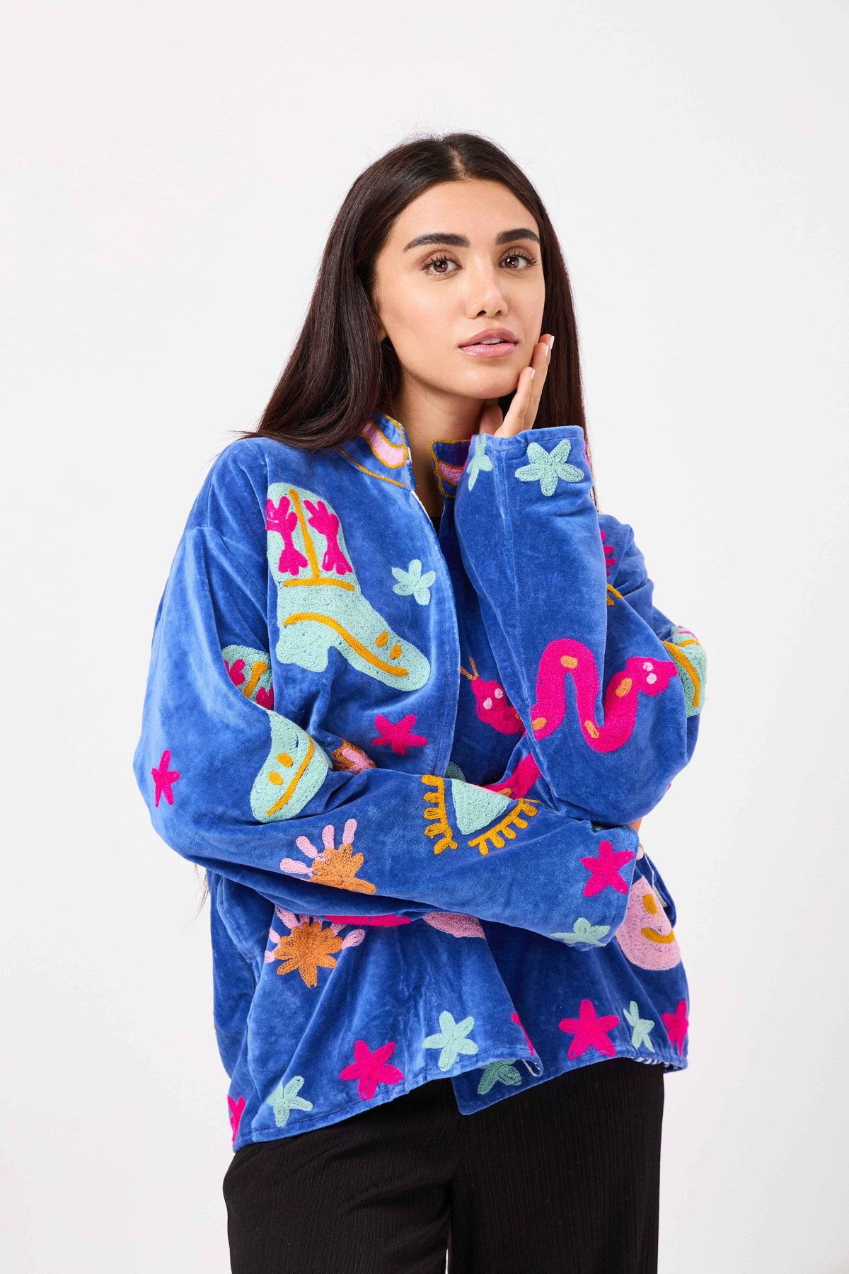 Velvet Jacket with Celestial Hand Embroidery & Whimsical Symbolic Motifs | Celestara