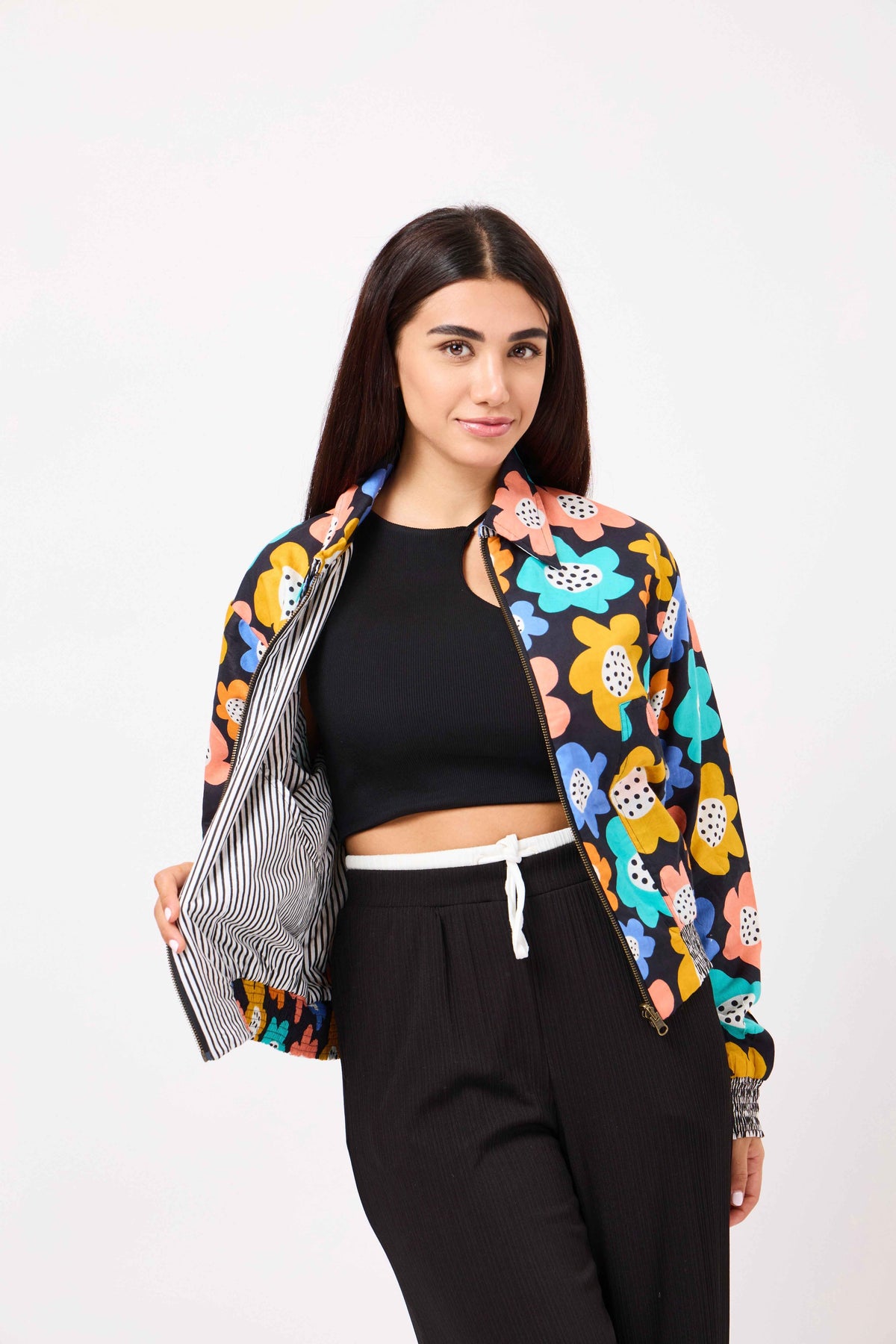 Reversible Multicolour Hand Block Printed Cotton Bomber Jacket with Floral Motif | Bloom