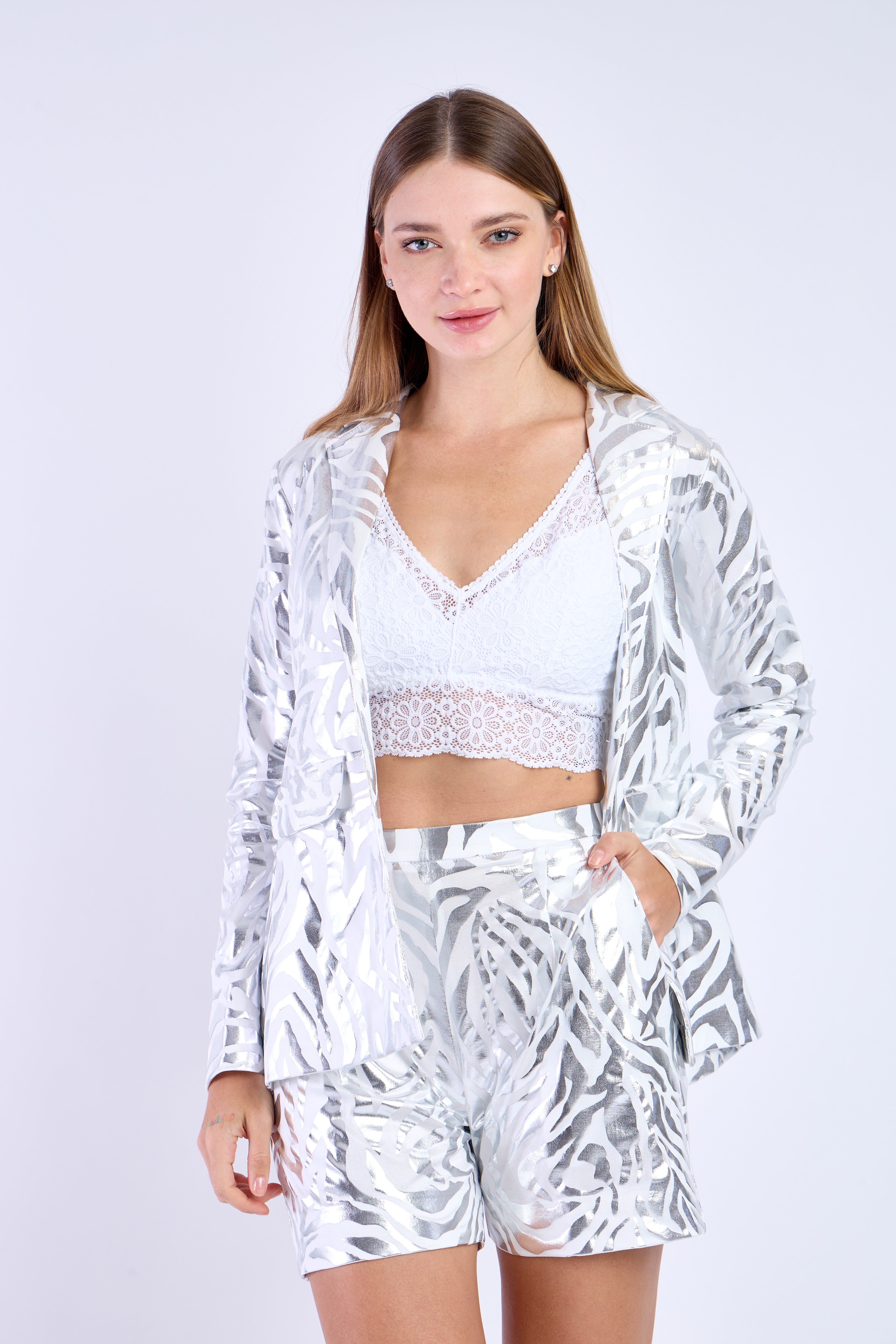 Silver Grey Oversized Blazer with Shorts