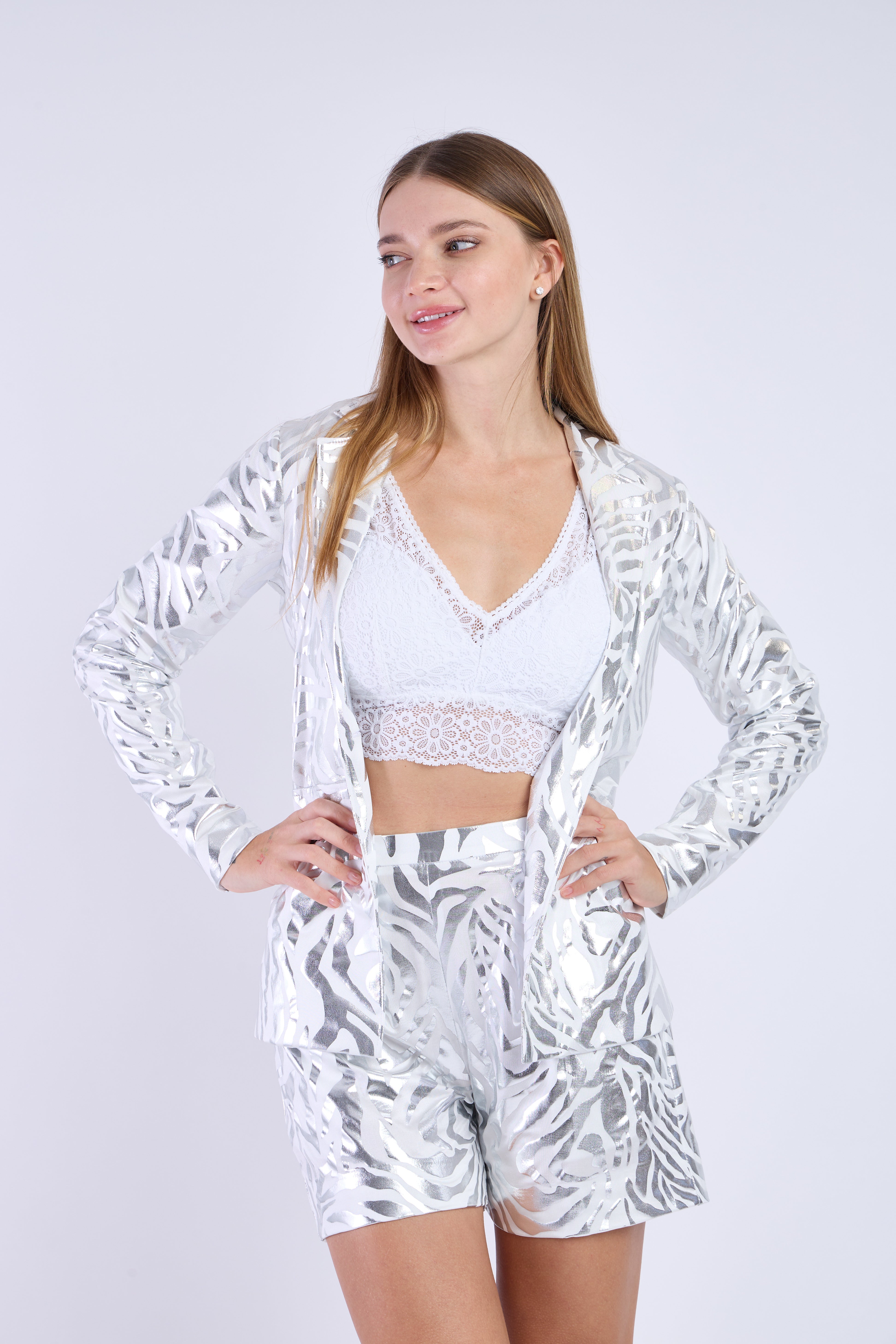 Silver Grey Oversized Blazer with Shorts