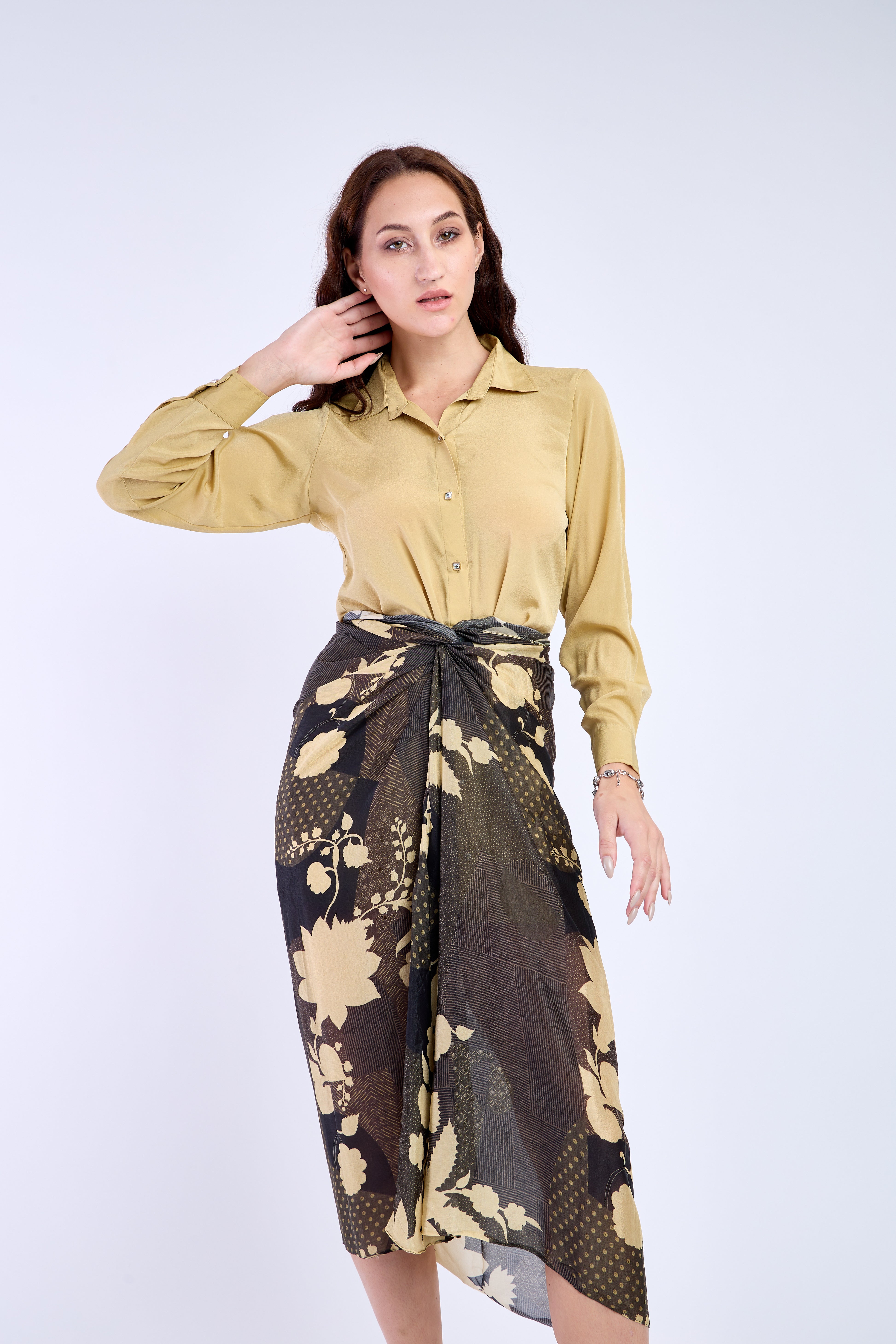 Yellow Shirt with Black Sarong Skirt