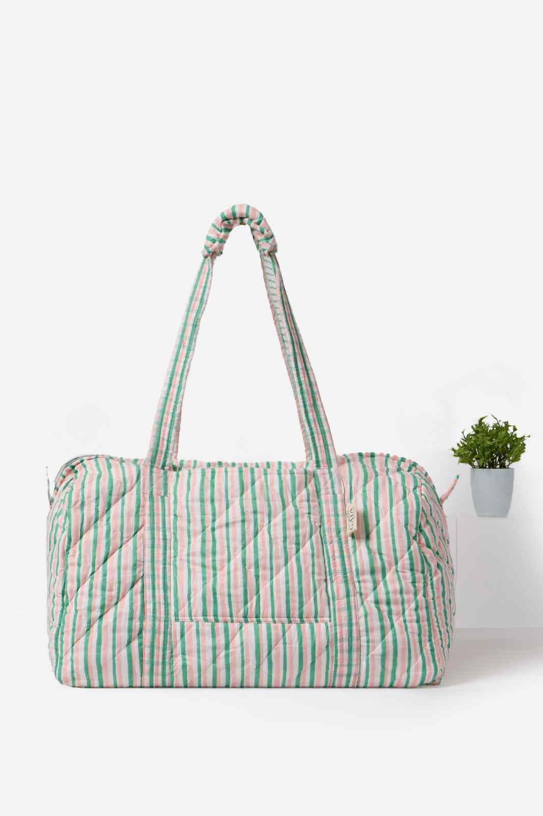 Pink & Mint Striped Quilted Cotton Mother Child Travel Duffle Bag | Rahma