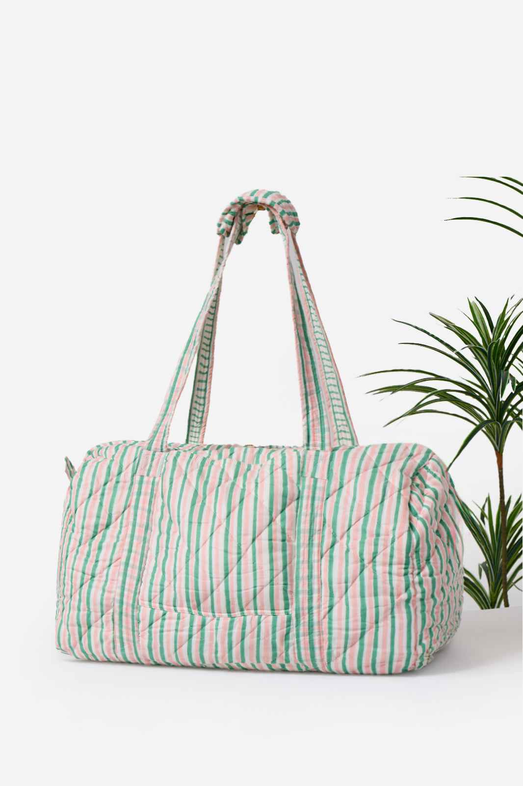 Pink & Mint Striped Quilted Cotton Mother Child Travel Duffle Bag | Rahma