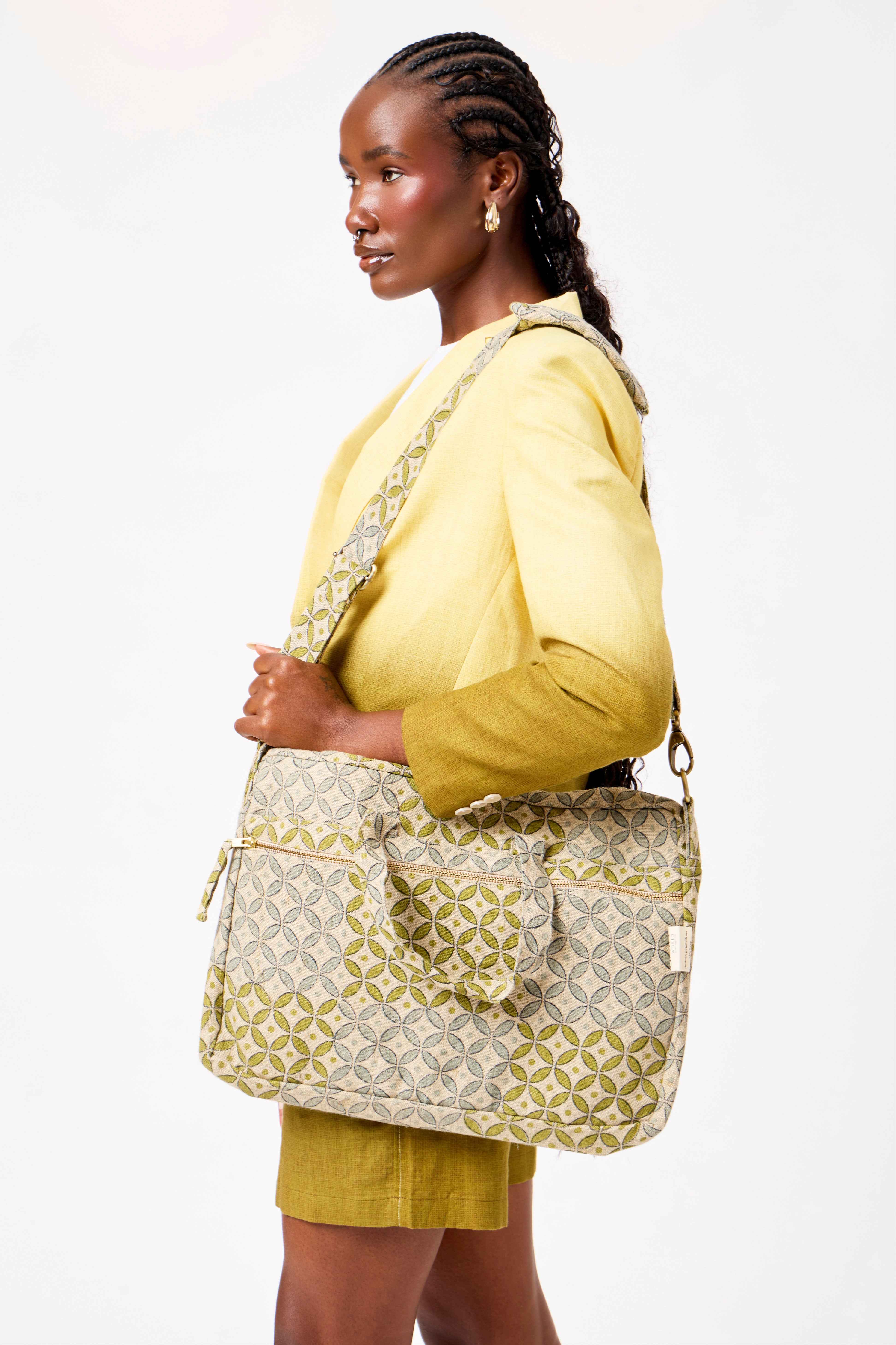Natural & Olive Geometric Print Linen Laptop Bag | Rimal