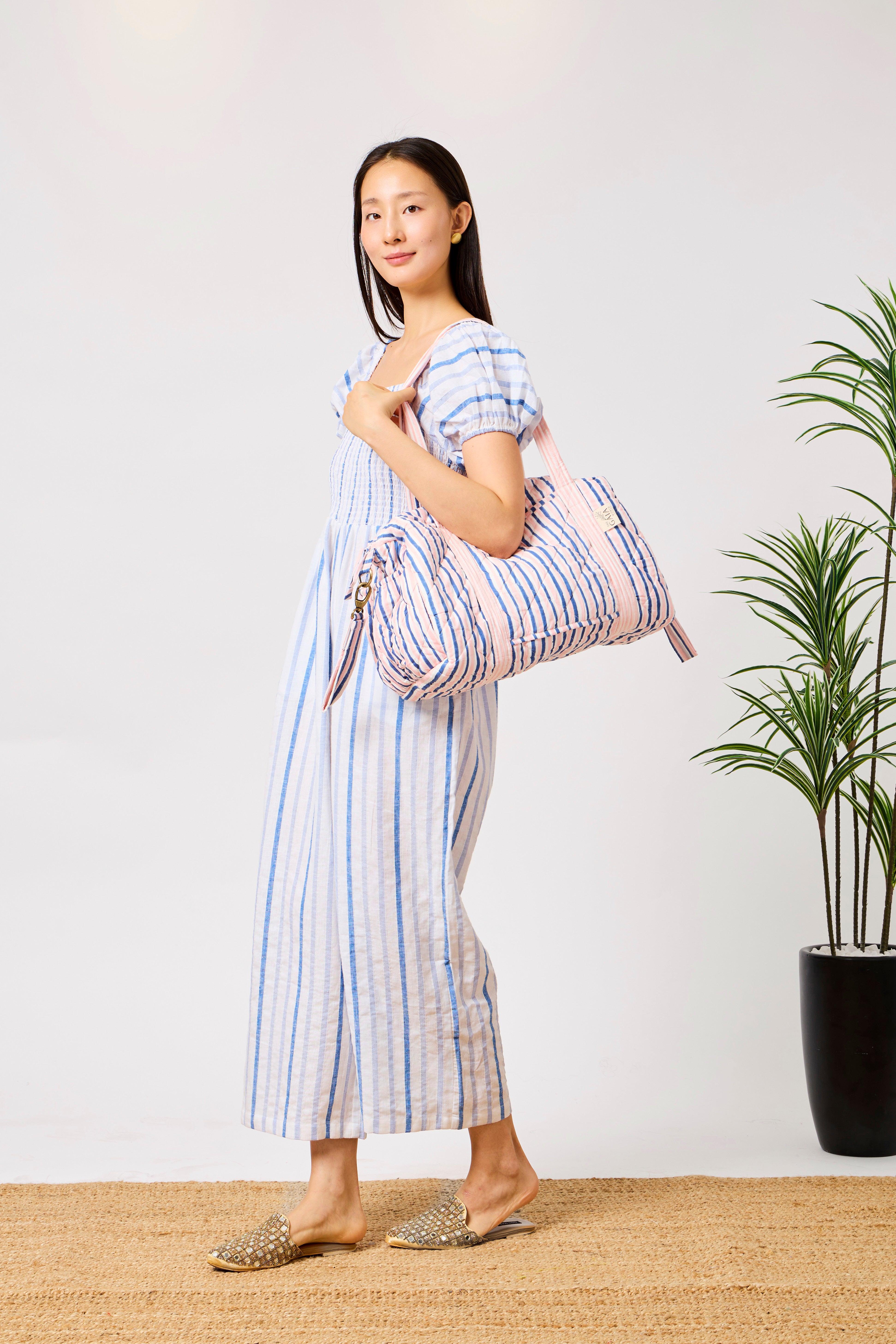 Blush Pink & Sky Blue Stripes Quilted Cotton Travel Duffle Bag with Blue Elephant Print | Hadiya