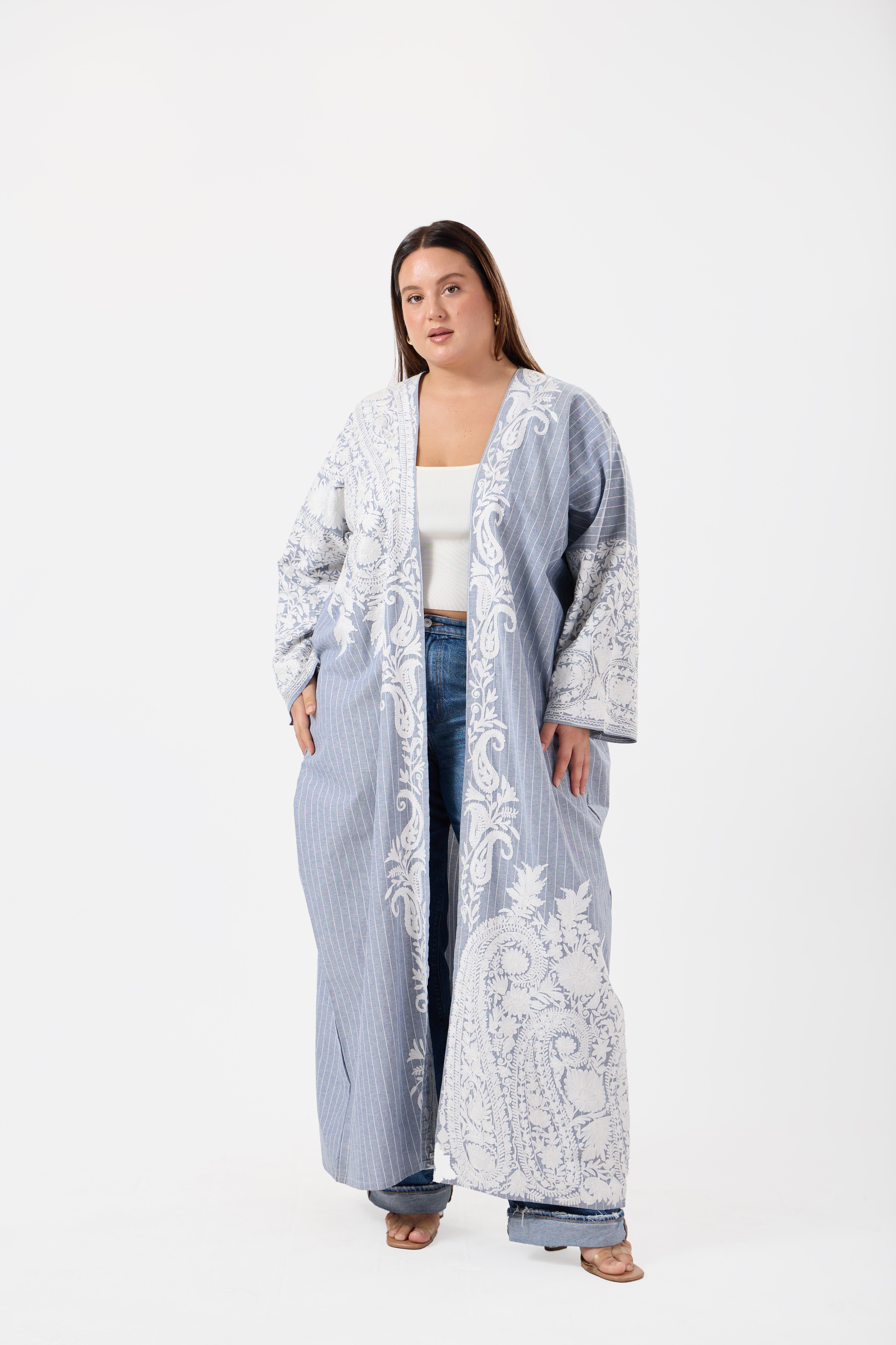 Noorani: Luxe Pure Linen Kimono with Kashmiri Embroidery