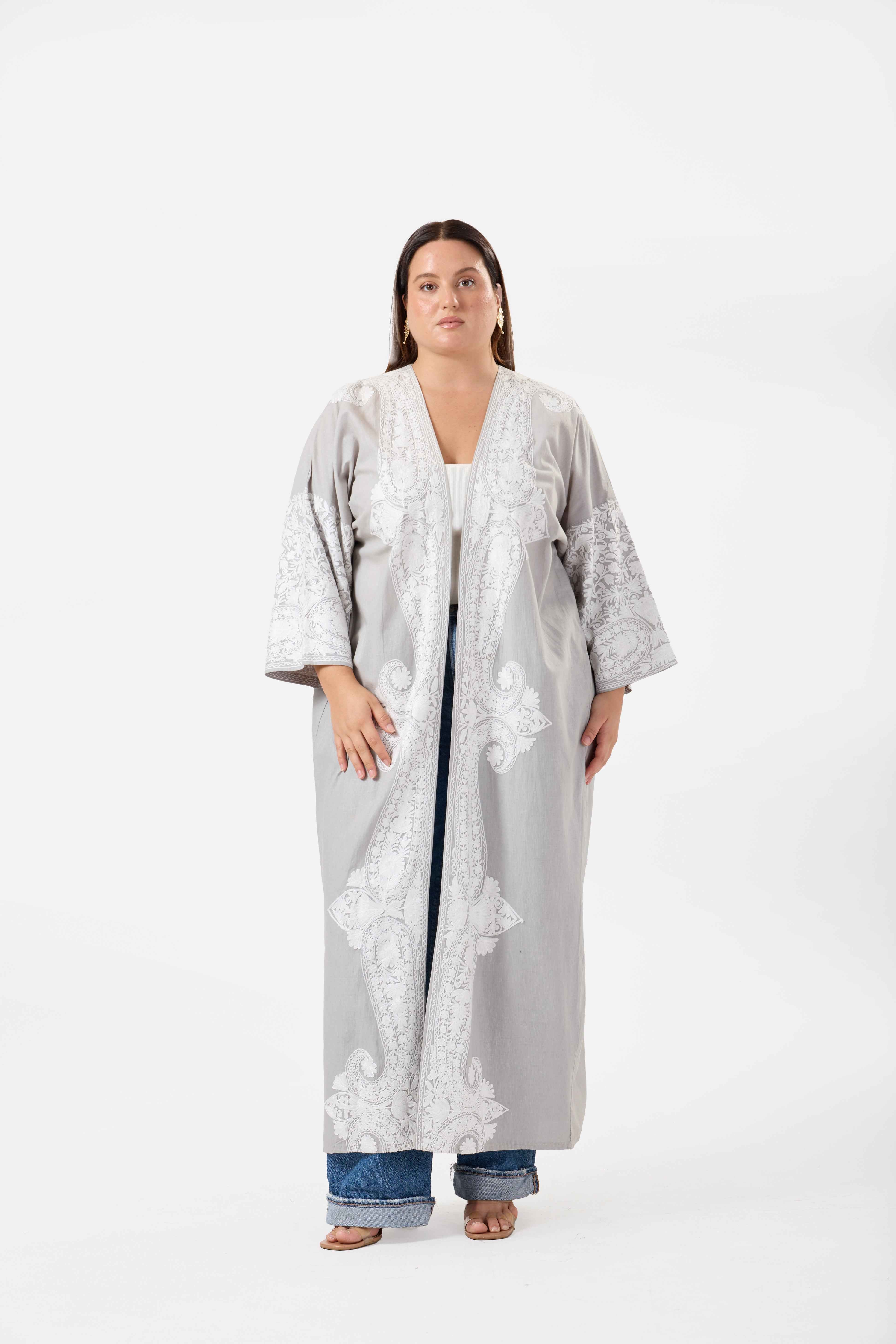 Noorani: Luxe Pure Linen Kimono with Kashmiri Embroidery