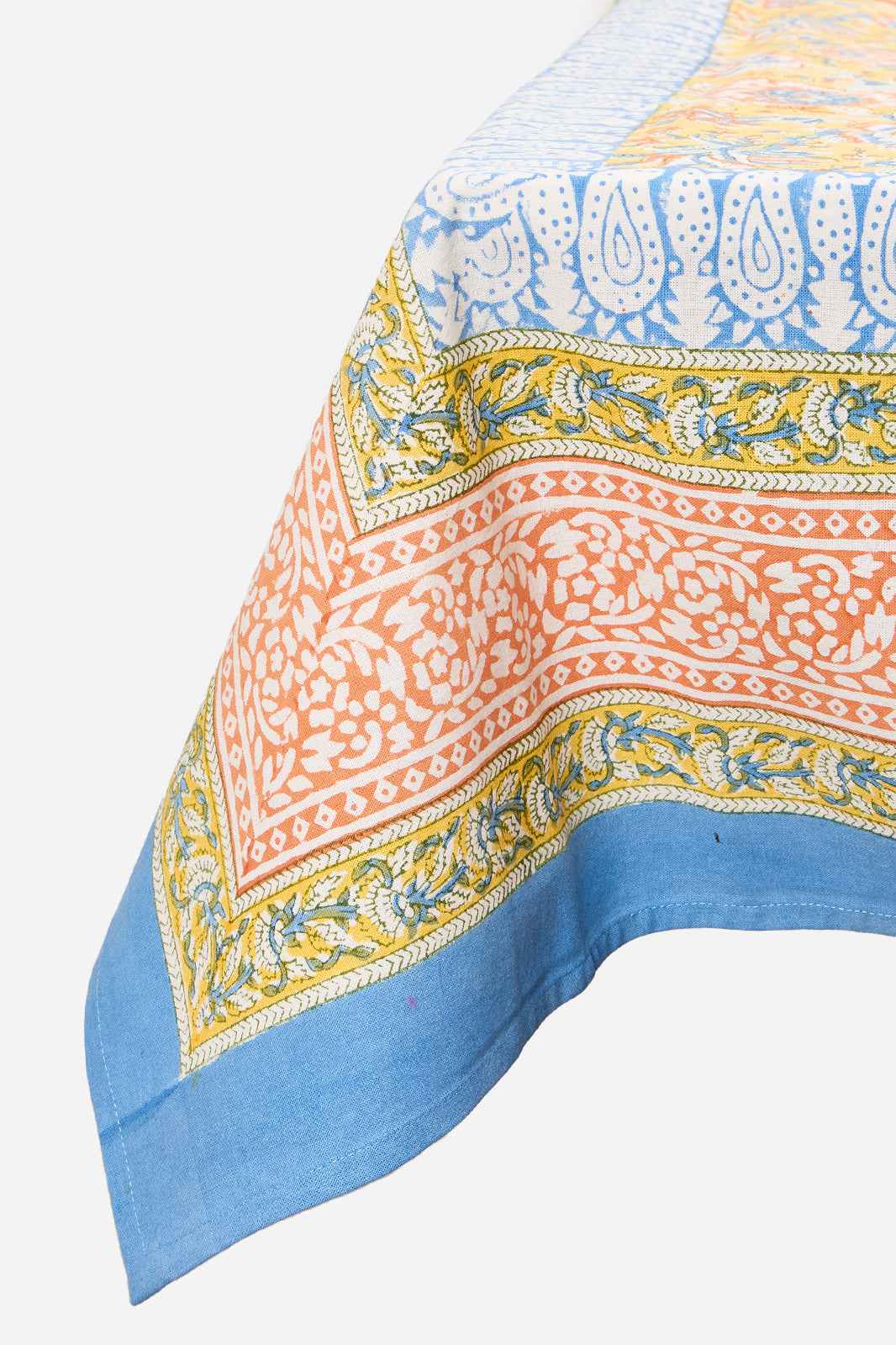 Yellow Cotton Printed Tablecloth with Floral Border Design for 6 Seater Dining Tables | Sorella Meadow