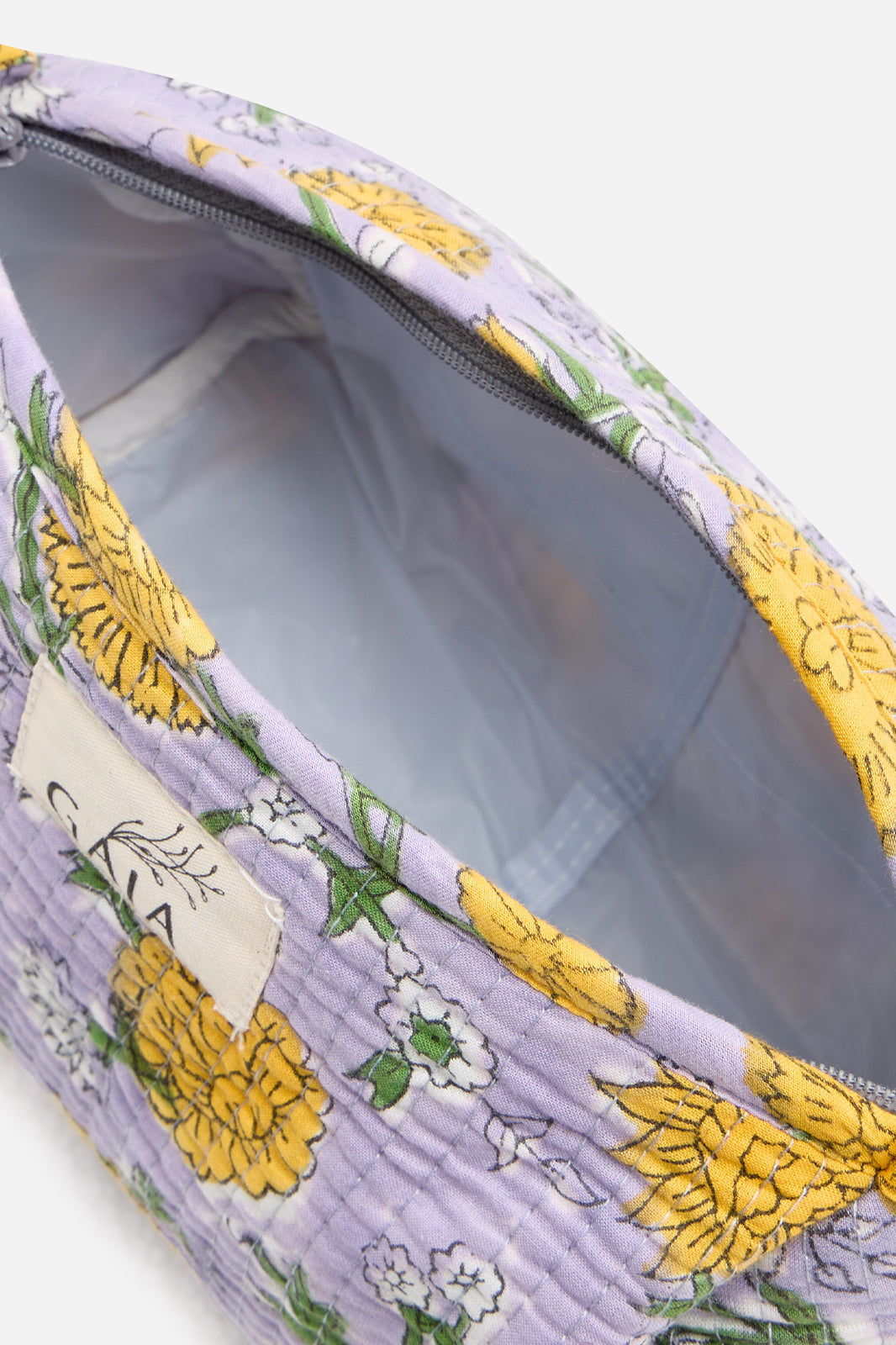Cotton Floral Quilted Cosmetic Pouch with Yellow Blossom Print & Travel Storage | Marivelle Grove