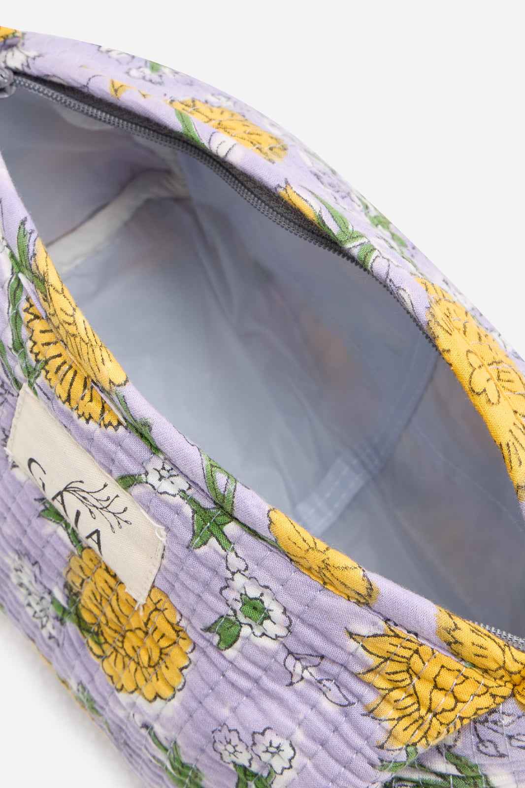Cotton Floral Quilted Cosmetic Pouch with Yellow Blossom Print & Travel Storage | Marivelle Grove